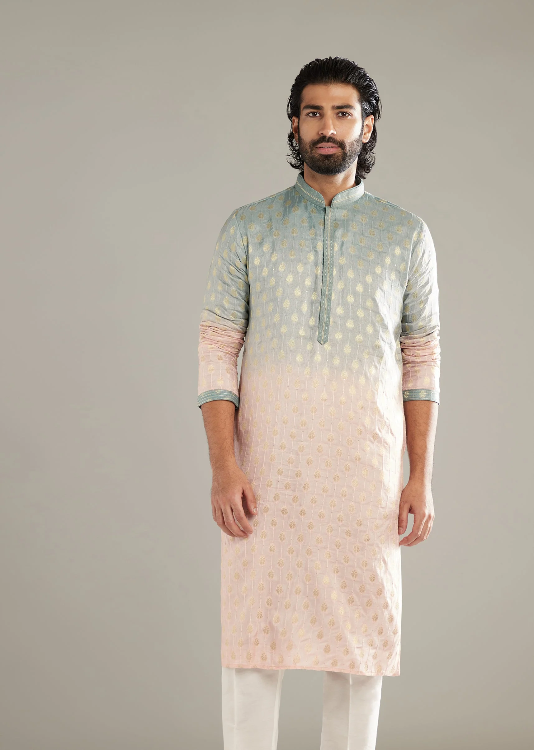 Pink And Green Ombre Silk Kurta Set For Men With Foil Motifs - Image 4