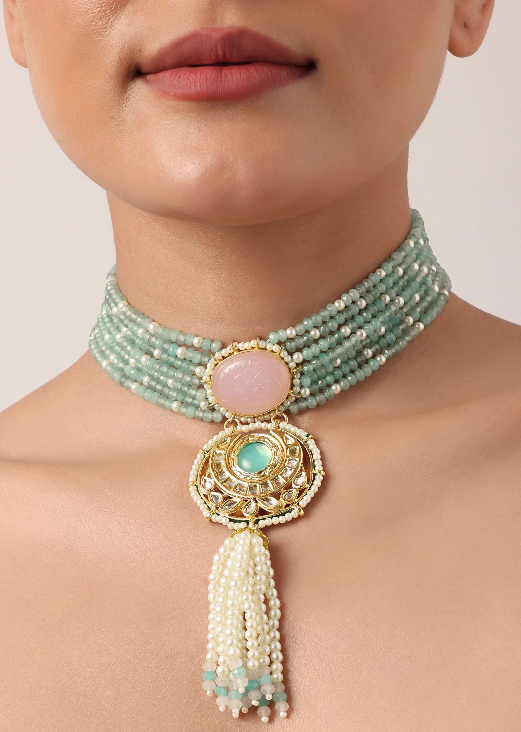 Pink And Green Pendant Necklace Set With Encrusted Kundan - Image 2