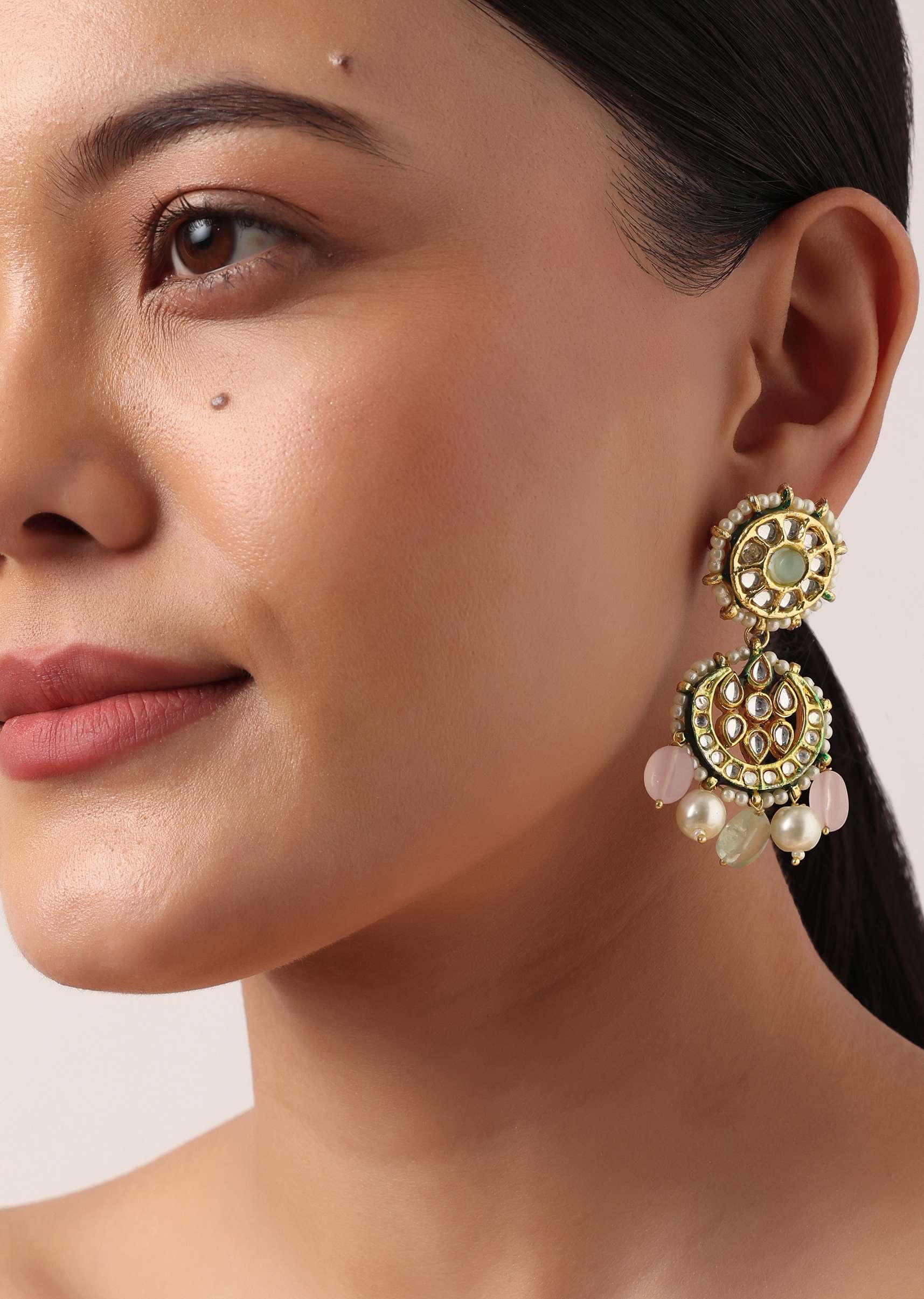 Pink And Green Pendant Necklace Set With Encrusted Kundan - Image 3