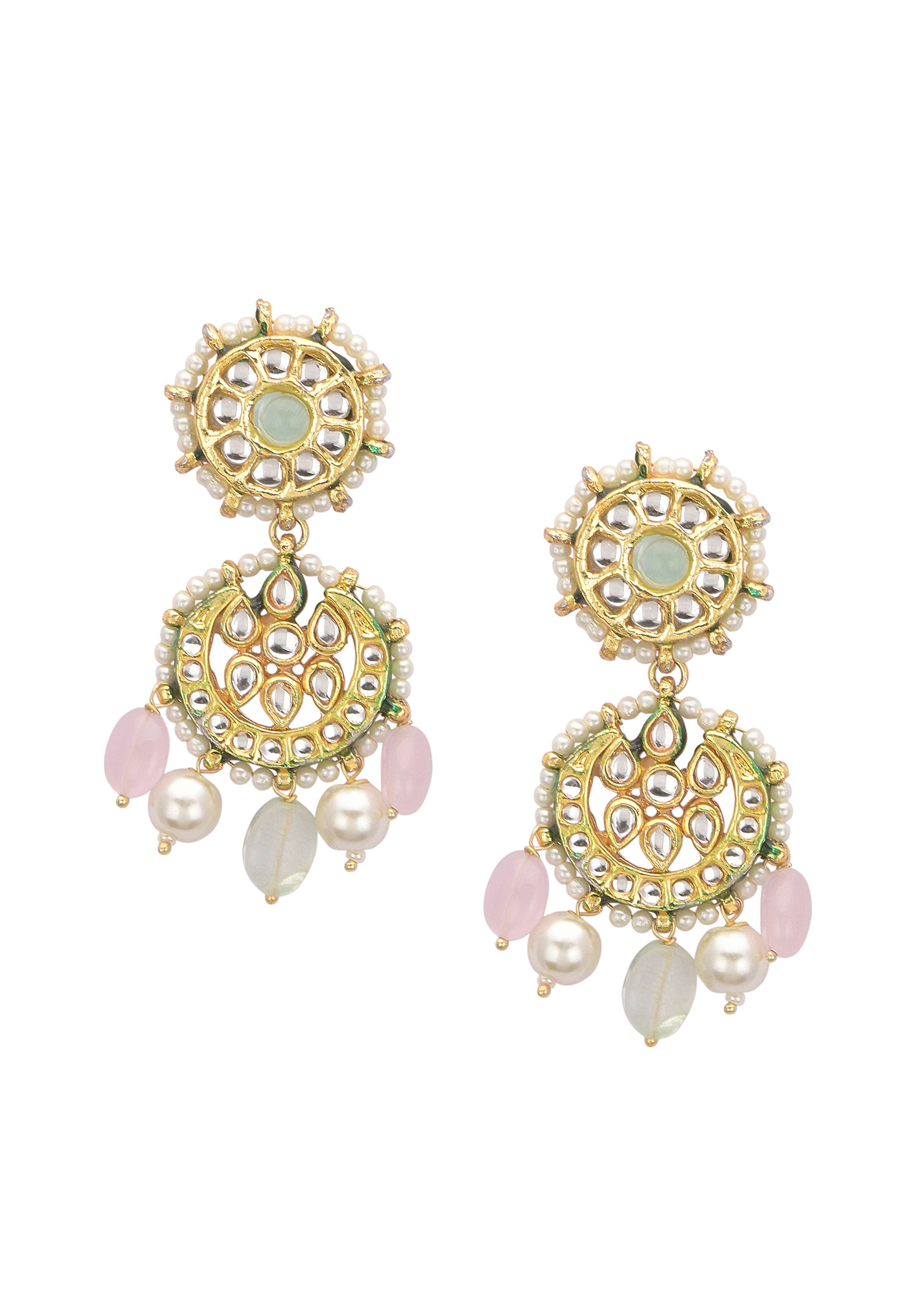 Pink And Green Pendant Necklace Set With Encrusted Kundan - Image 6