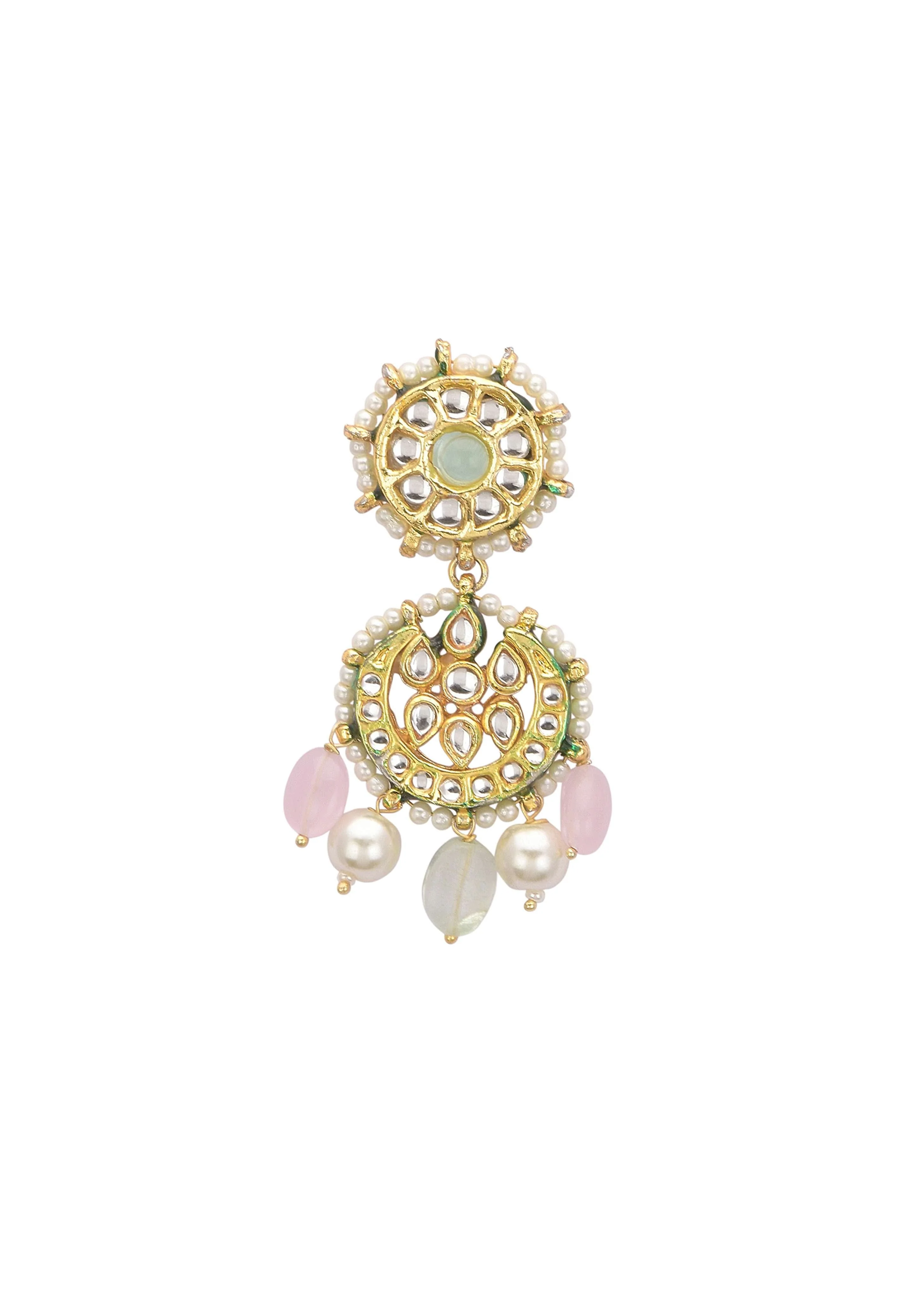 Pink And Green Pendant Necklace Set With Encrusted Kundan - Image 7