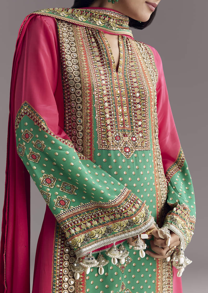 Pink And Green Printed Kurta Palazzo Set - Image 2