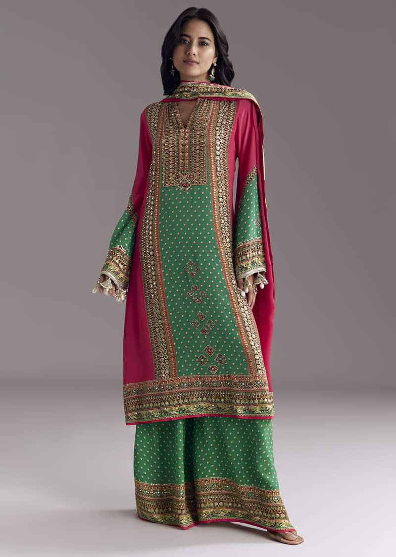 Pink And Green Printed Kurta Palazzo Set - Image 3
