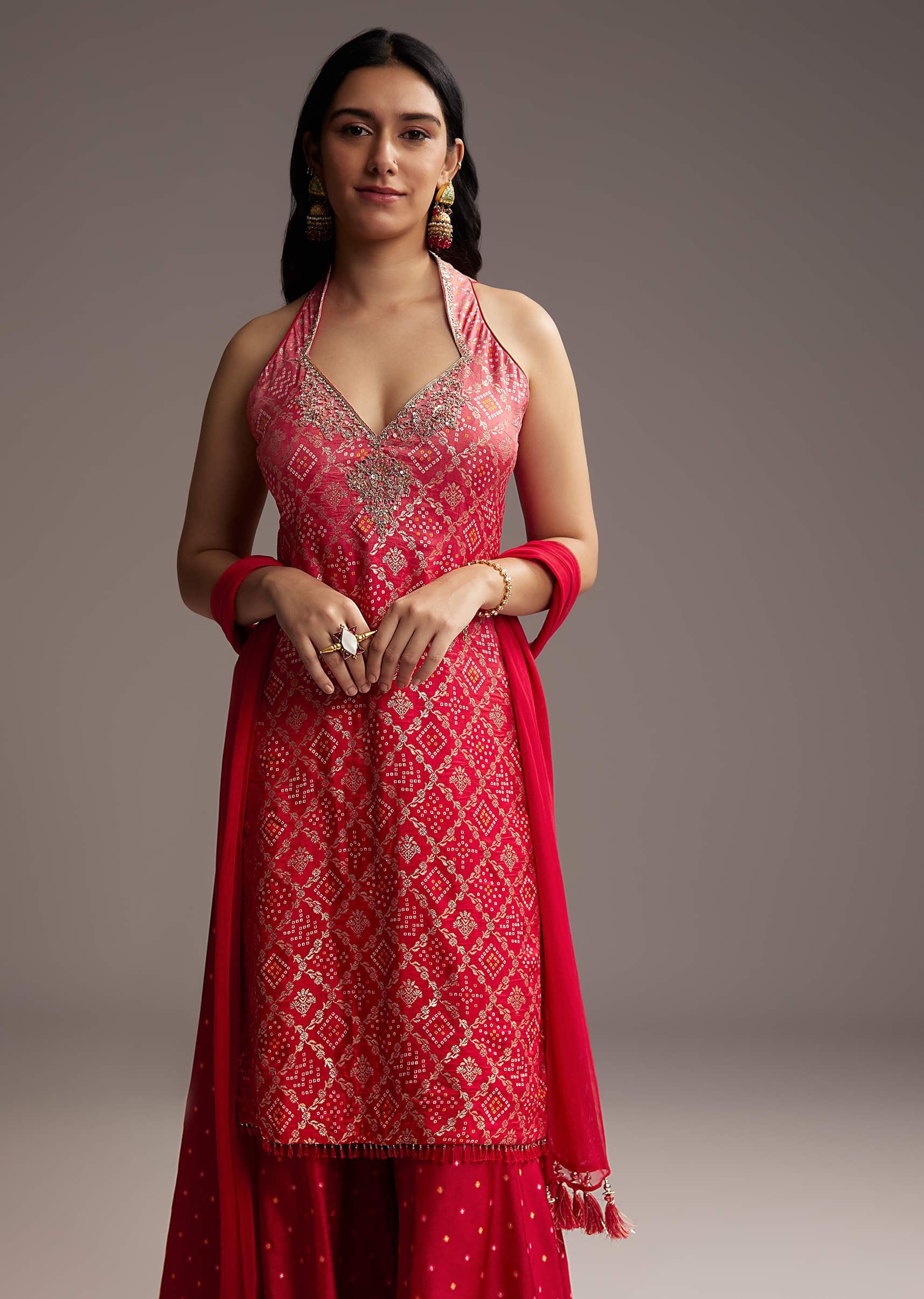 Pink And Red Ombre Silk Palazzo Suit With Bandhani Print - Image 4