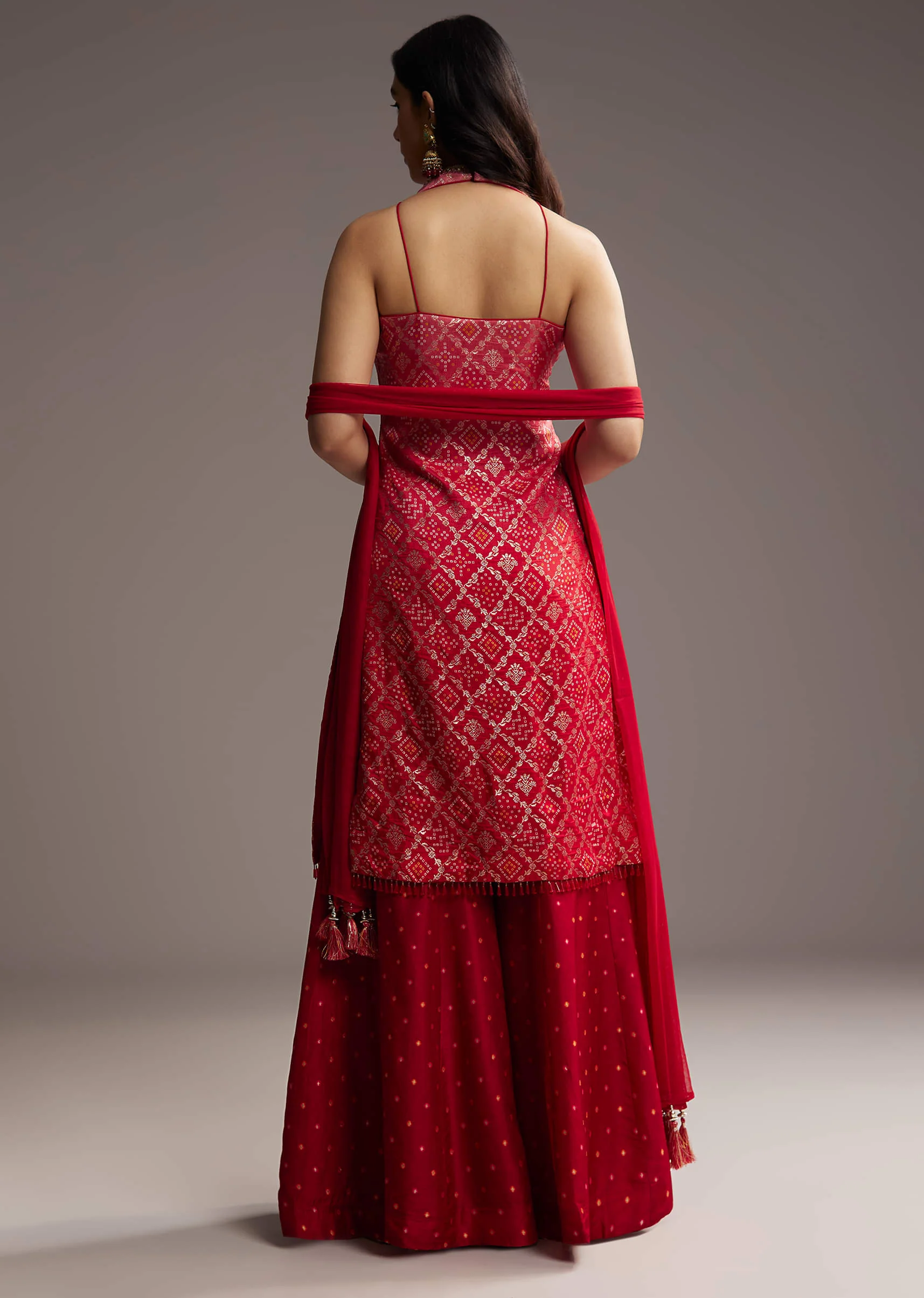 Pink And Red Ombre Silk Palazzo Suit With Bandhani Print - Image 5