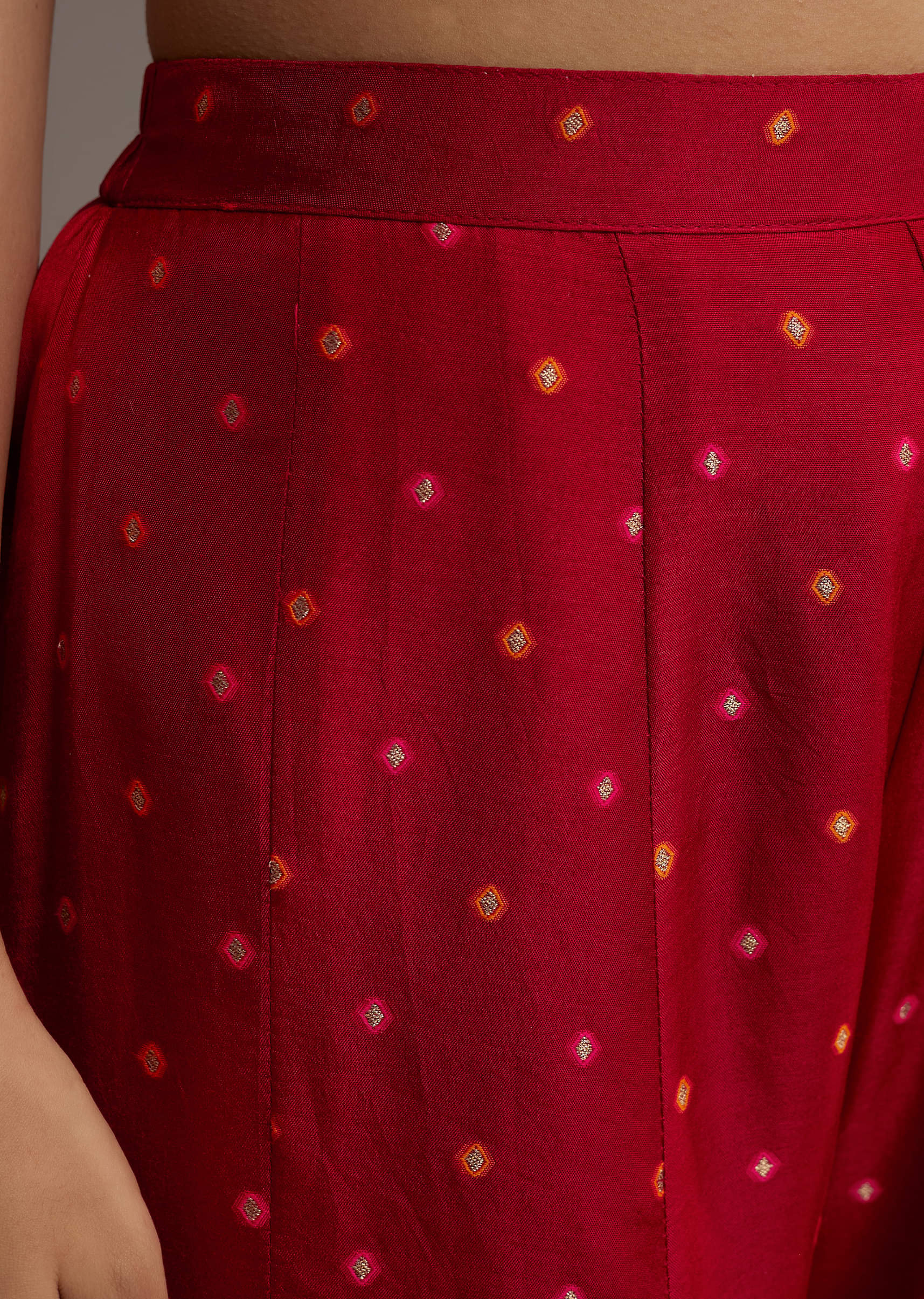 Pink And Red Ombre Silk Palazzo Suit With Bandhani Print - Image 6