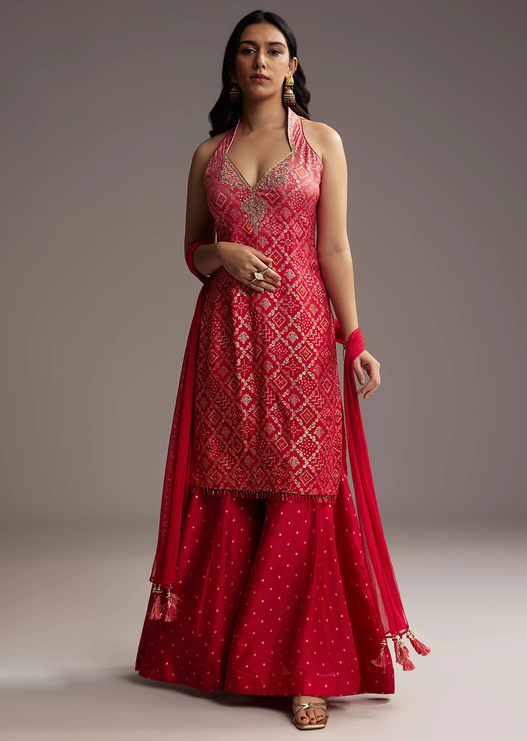 Pink And Red Ombre Silk Palazzo Suit With Bandhani Print - Image 7