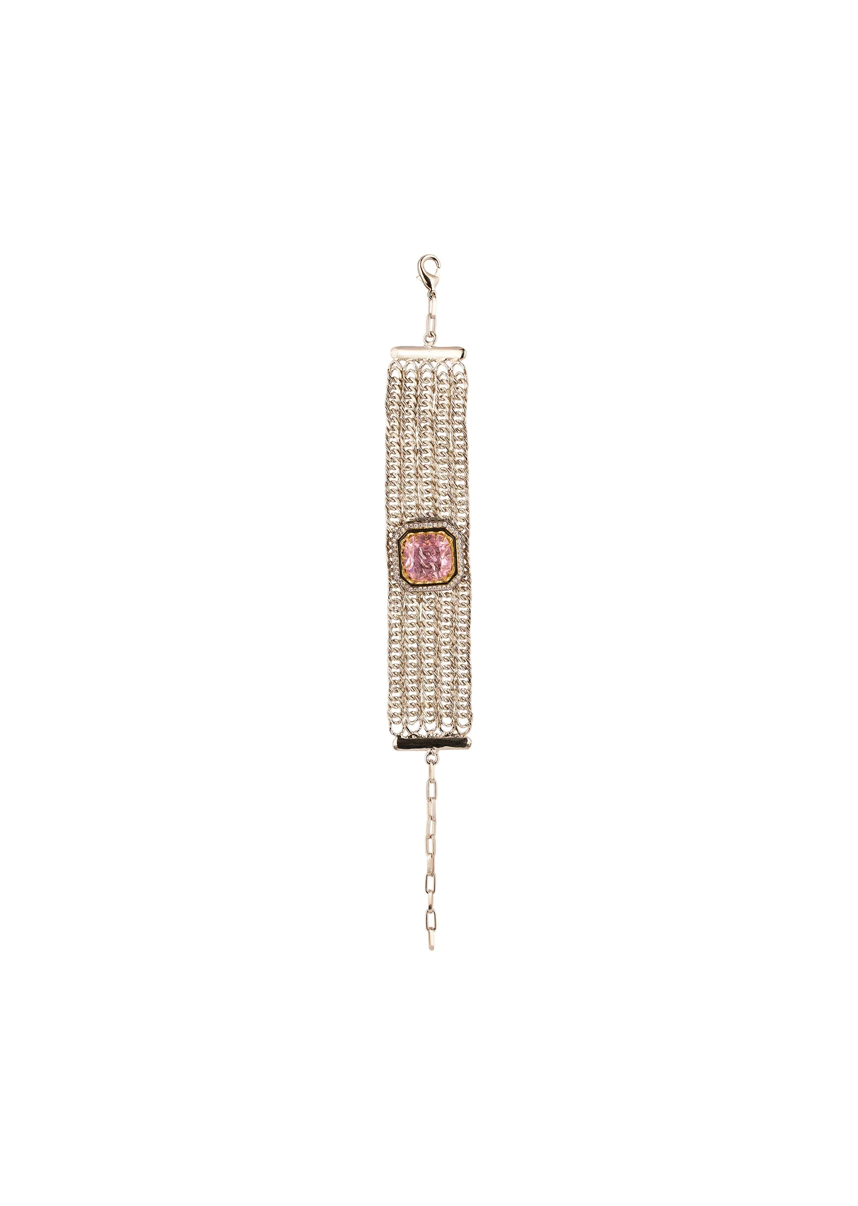 Pink and Silver Plated Brass Bracelet with Stone and Faux Diamonds