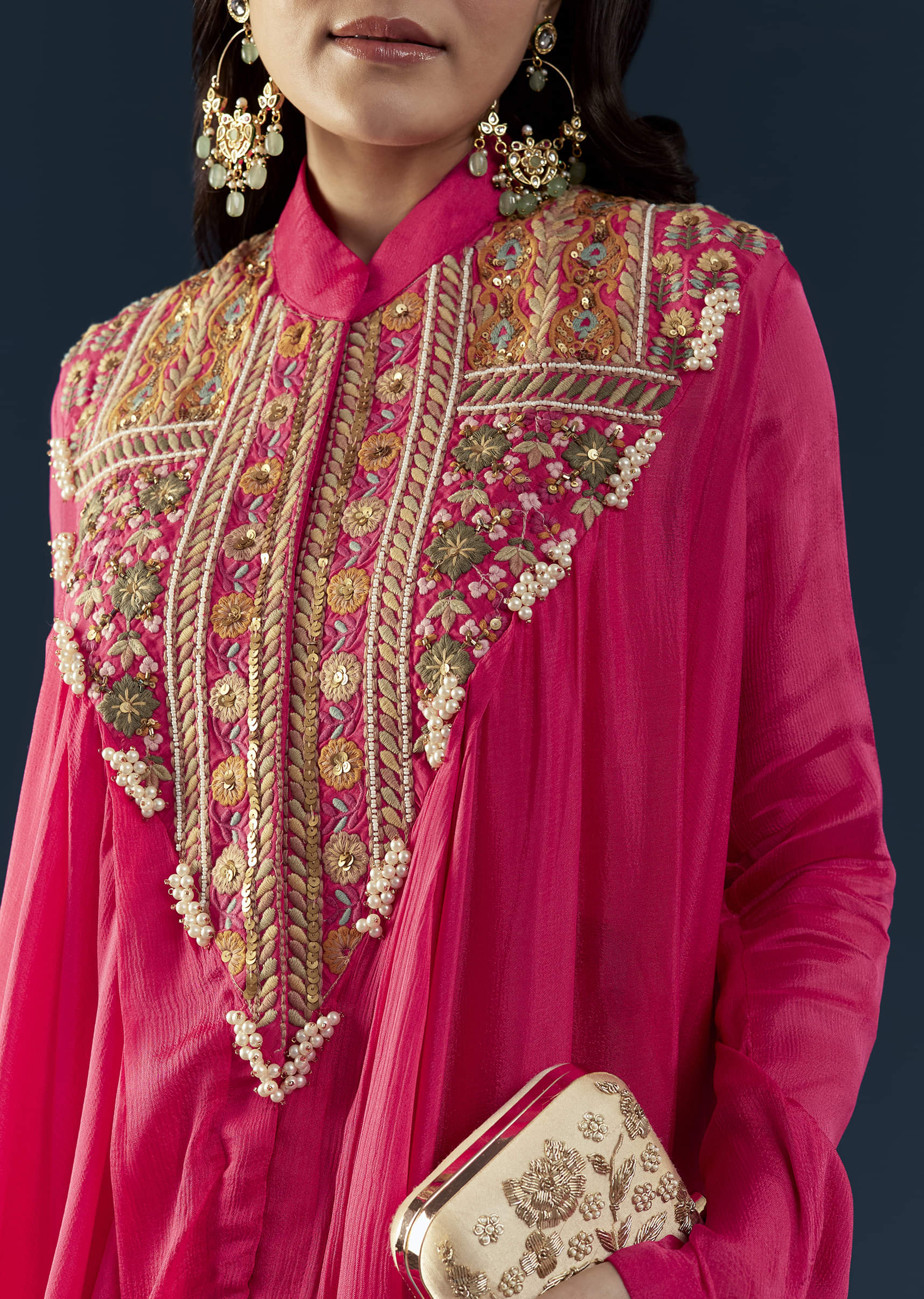 Pink Asymmetric Cape Top and Skirt Set - Image 2