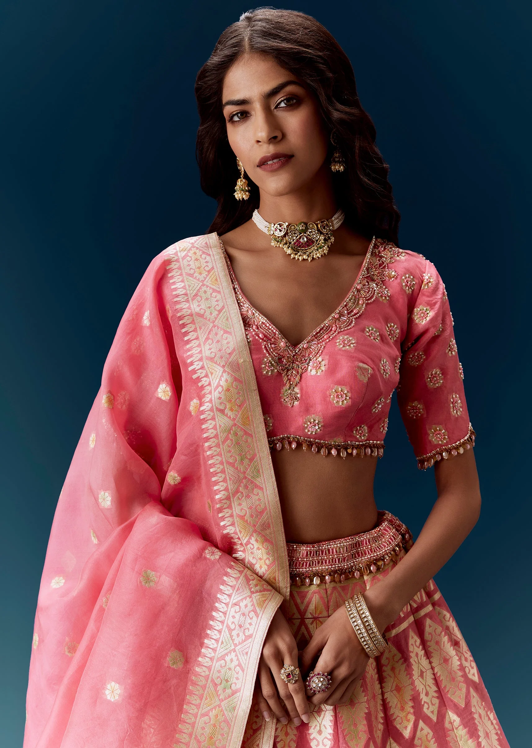 Pink Banarasi Embroidered Bridal Lehenga With Dupatta - Image 3