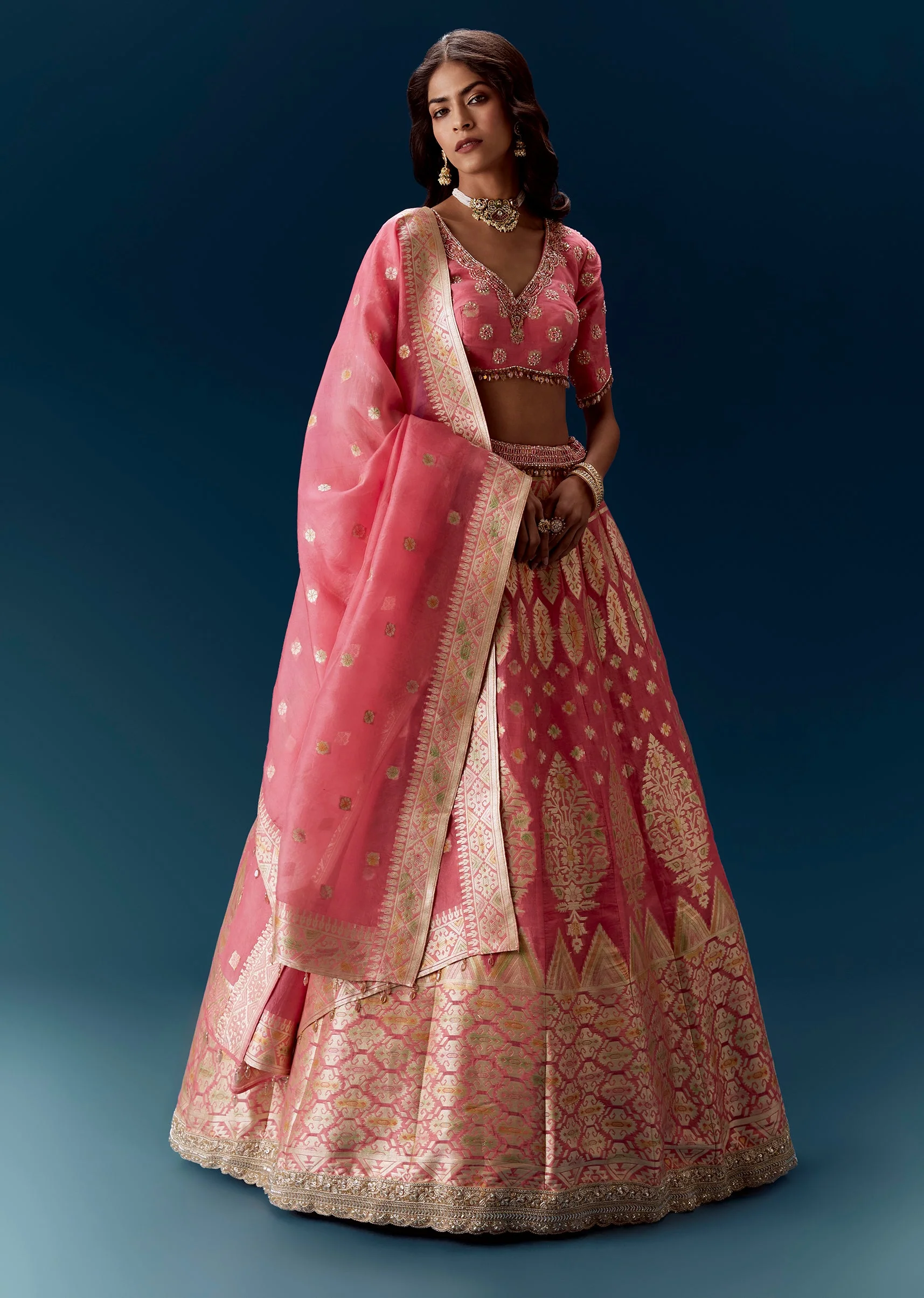 Pink Banarasi Embroidered Bridal Lehenga With Dupatta - Image 4