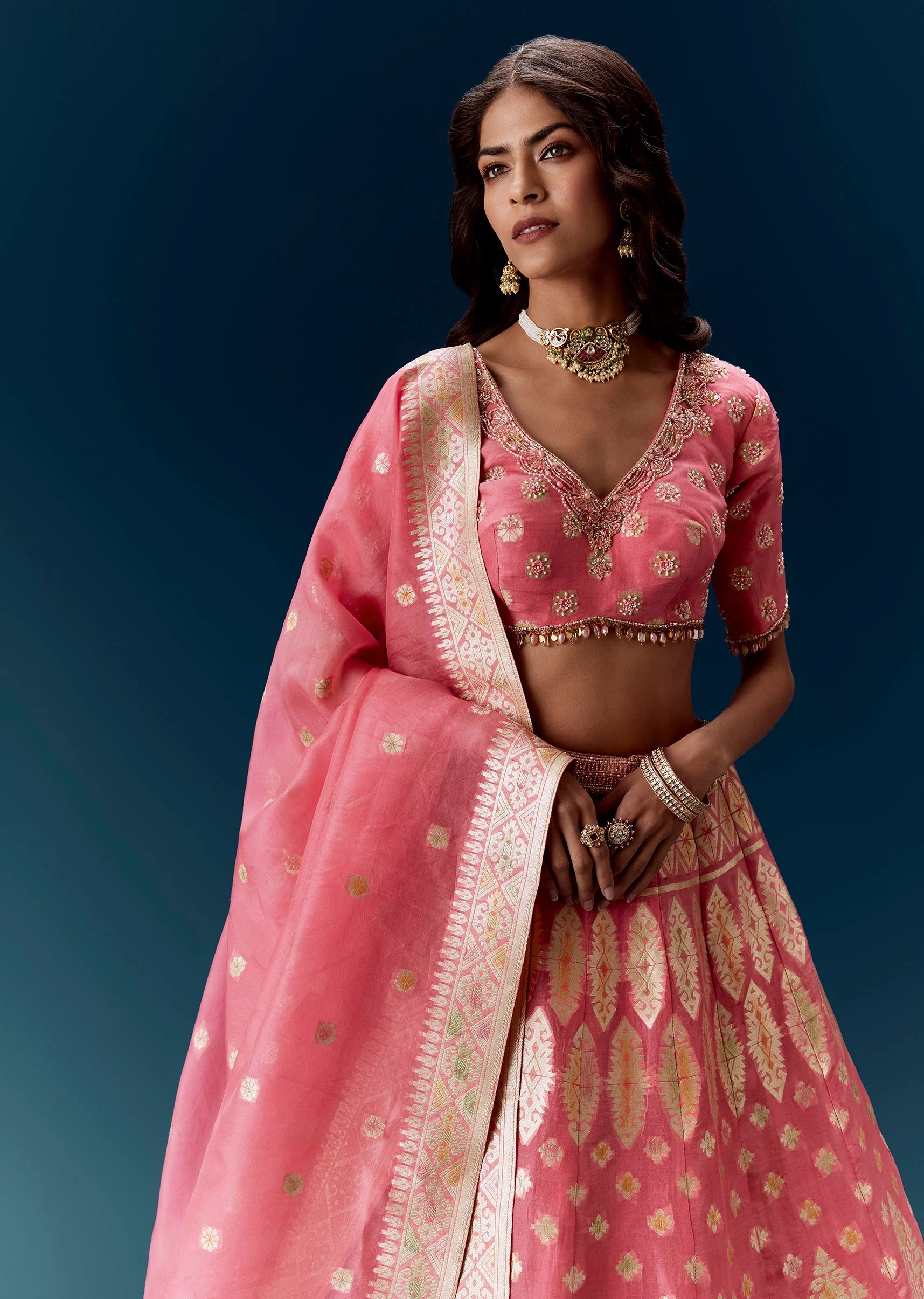 Pink Banarasi Embroidered Bridal Lehenga With Dupatta - Image 5