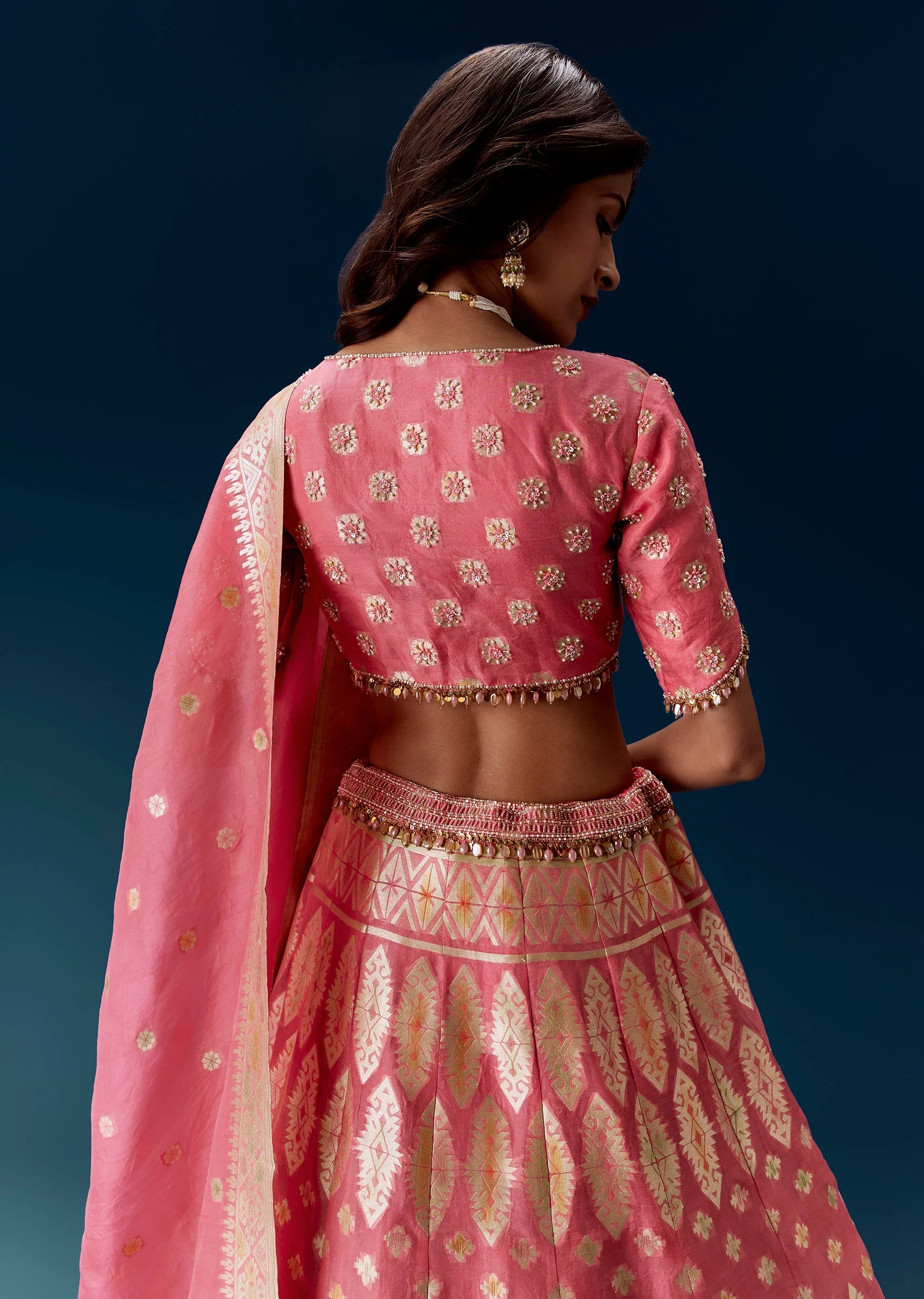 Pink Banarasi Embroidered Bridal Lehenga With Dupatta - Image 6