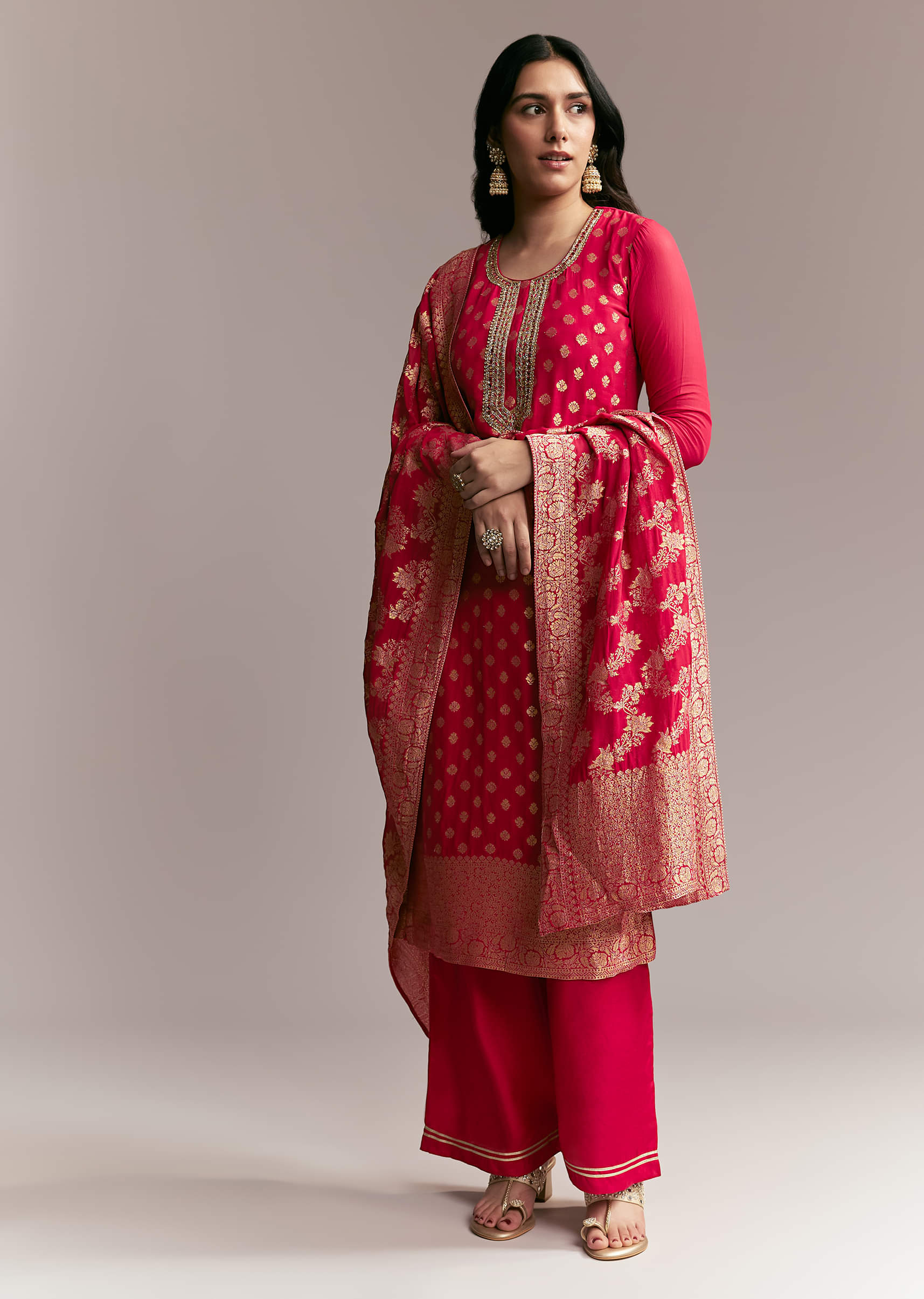 Pink Banarasi Kurta Set with Mirror Work - Image 7