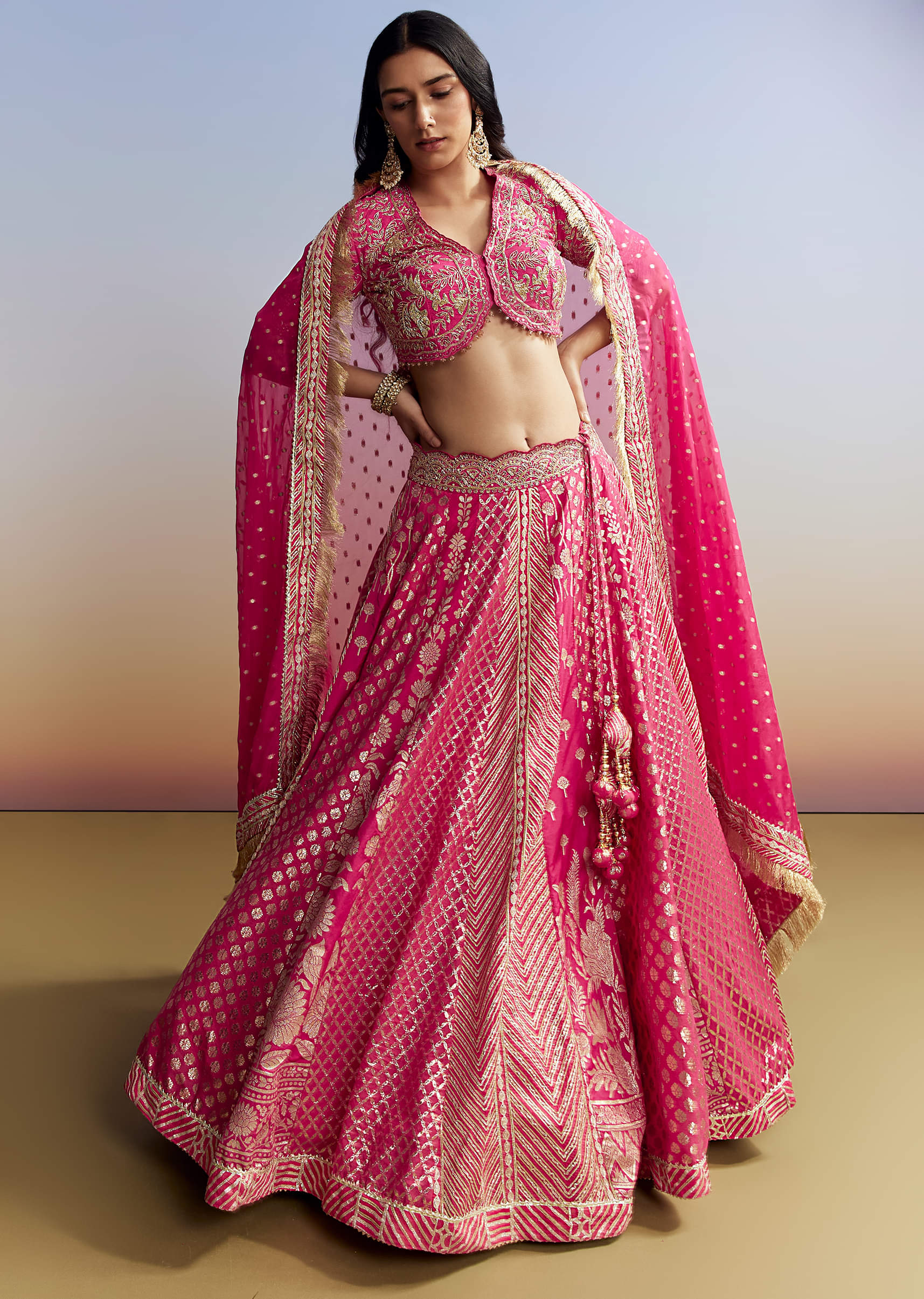 Pink Banarasi Silk Bridesmaid Lehenga - Image 3