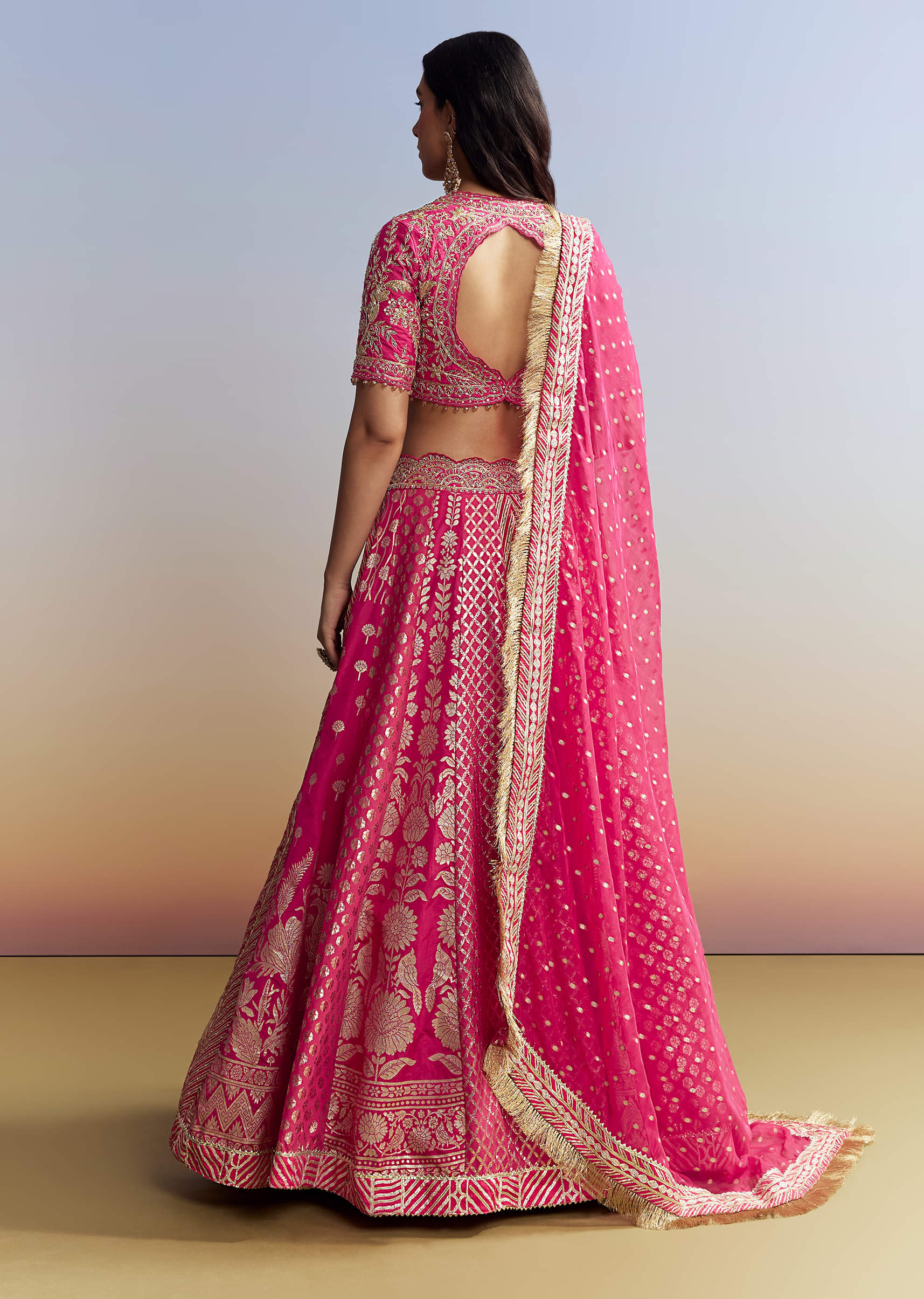 Pink Banarasi Silk Bridesmaid Lehenga - Image 4