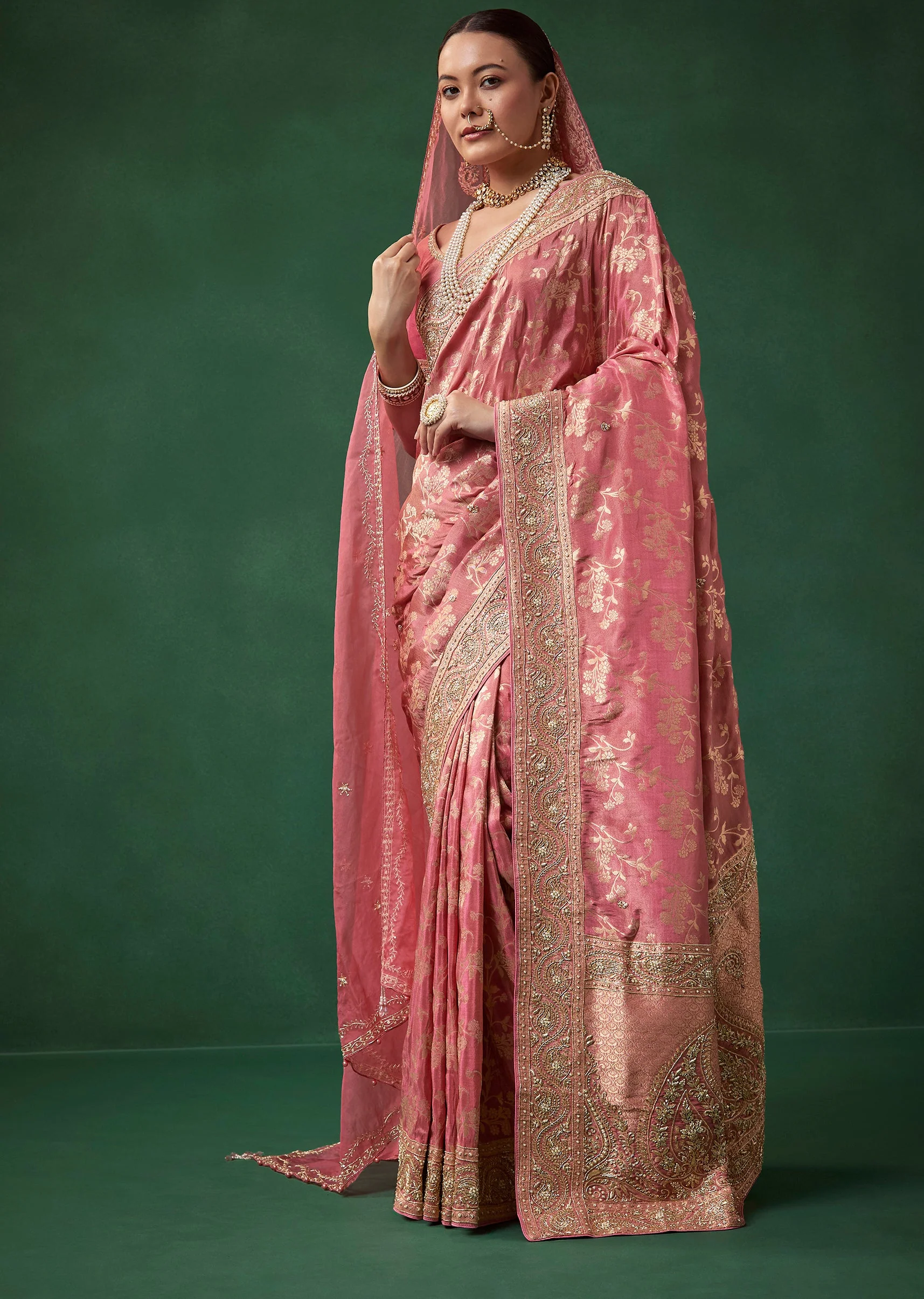Pink Banarasi Silk Floral Jaal Weave Saree with Unstitched Blouse - Image 3