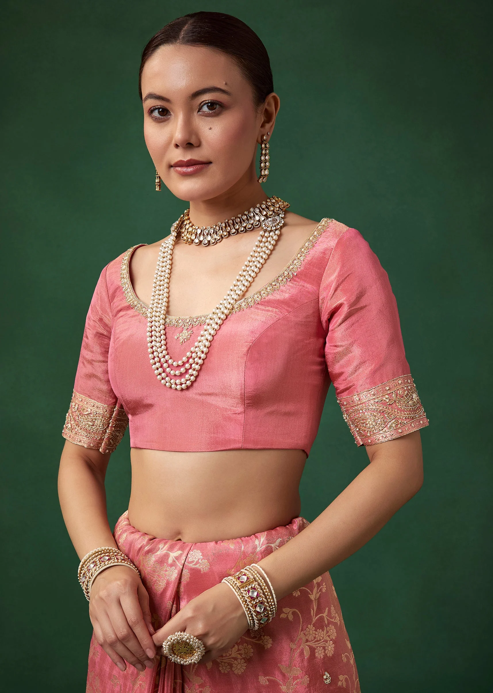 Pink Banarasi Silk Floral Jaal Weave Saree with Unstitched Blouse - Image 7