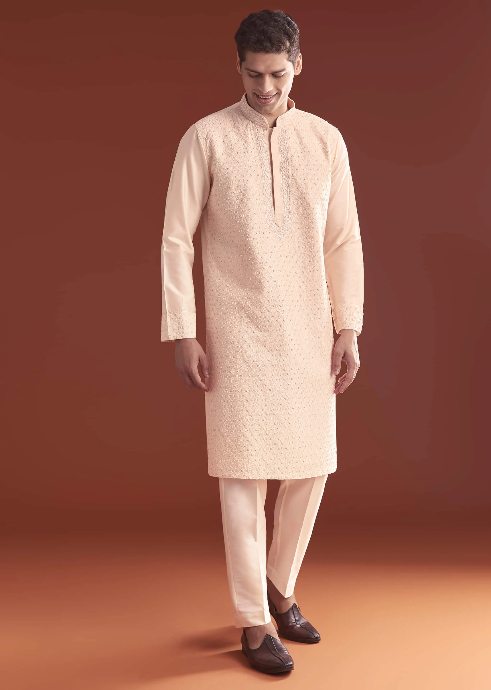 Pink Banarasi Silk Kurta Set For Men With Intricate Hand Work - Image 4