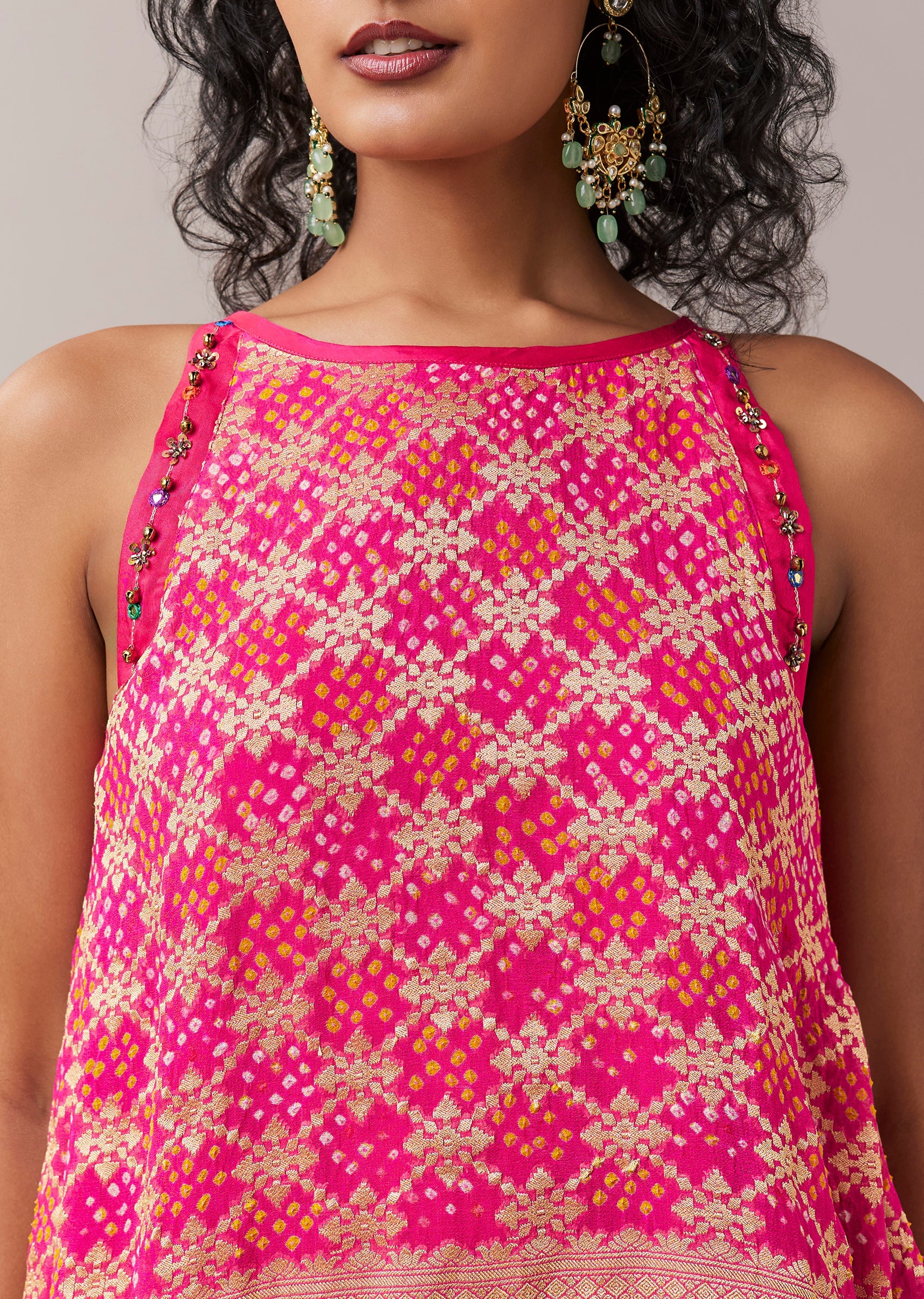 Pink Bandhani Banarasi Georgette Top and Leheriya Pant Set - Image 2