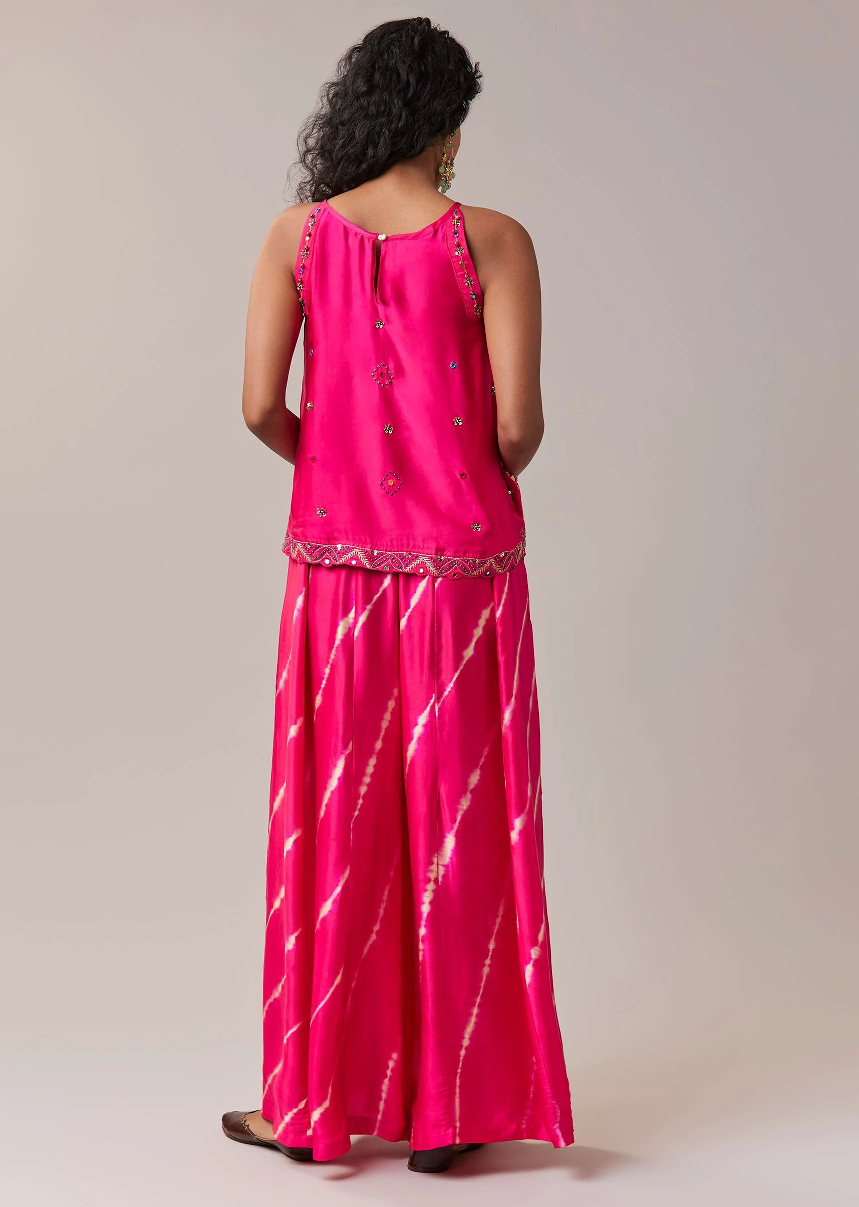 Pink Bandhani Banarasi Georgette Top and Leheriya Pant Set - Image 5