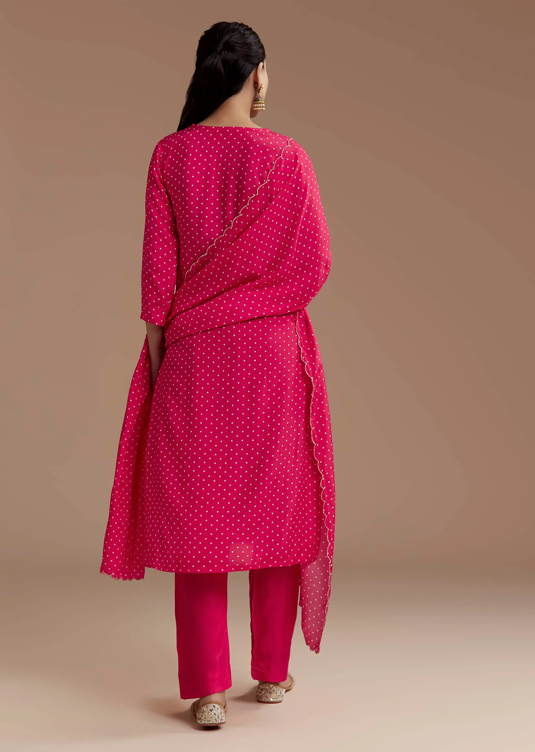 Pink Bandhani Printed Silk Kurta Set with Zari Work - Image 5