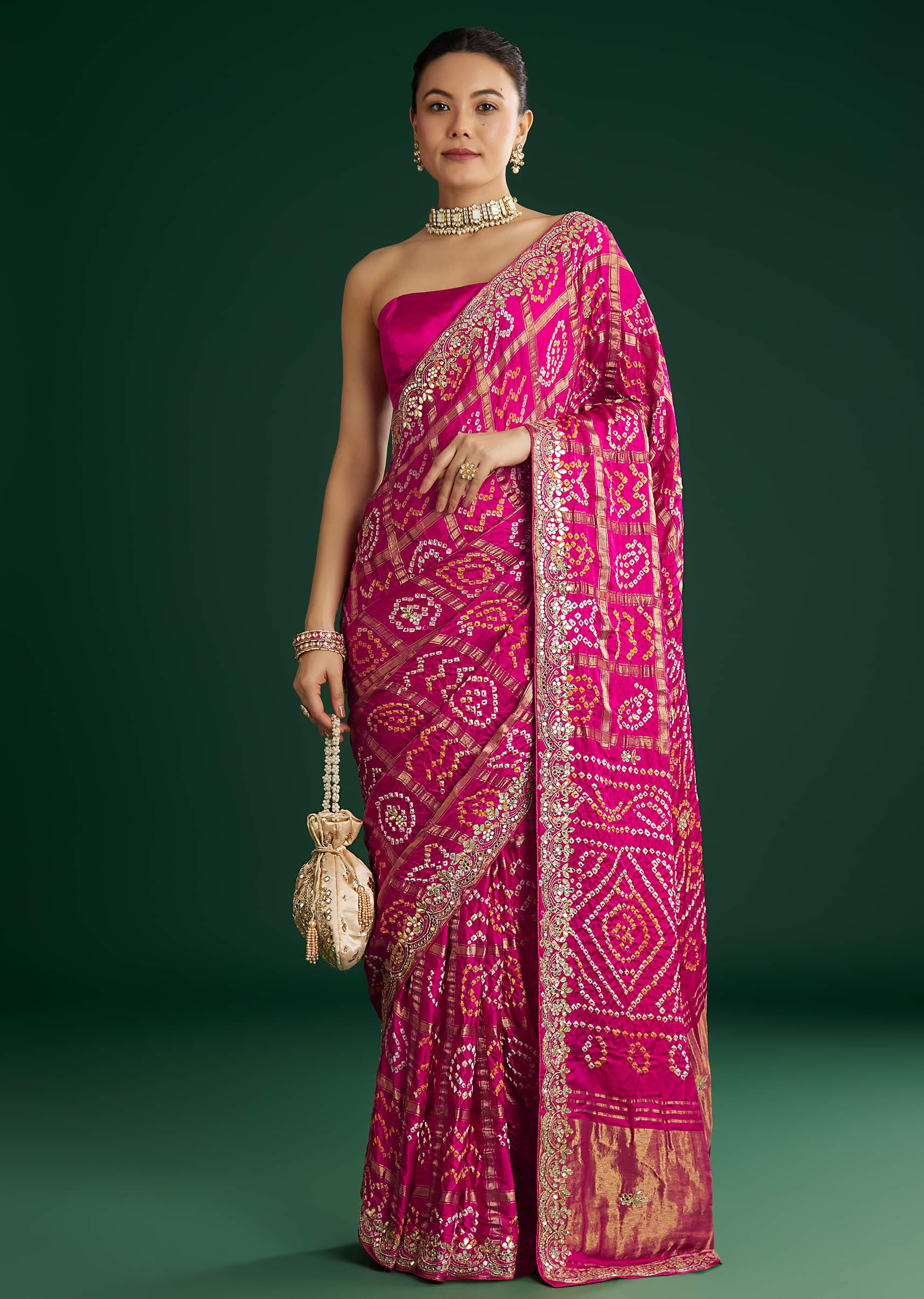 Pink Bandhani Saree With Gota Work - Image 3