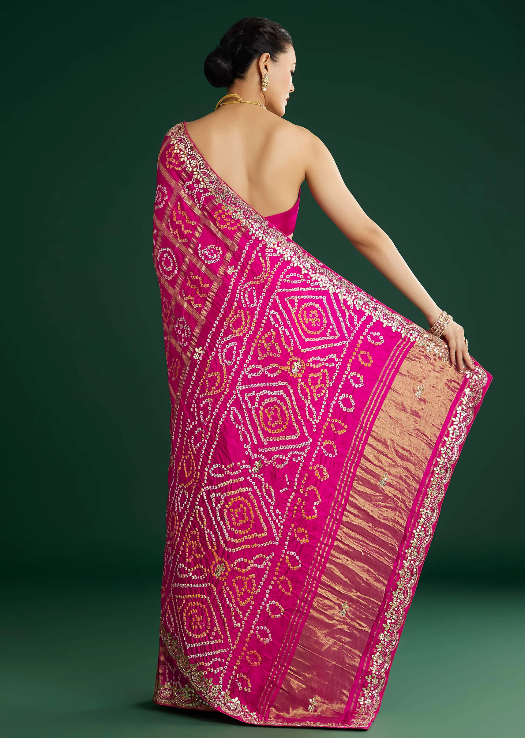 Pink Bandhani Saree With Gota Work - Image 4
