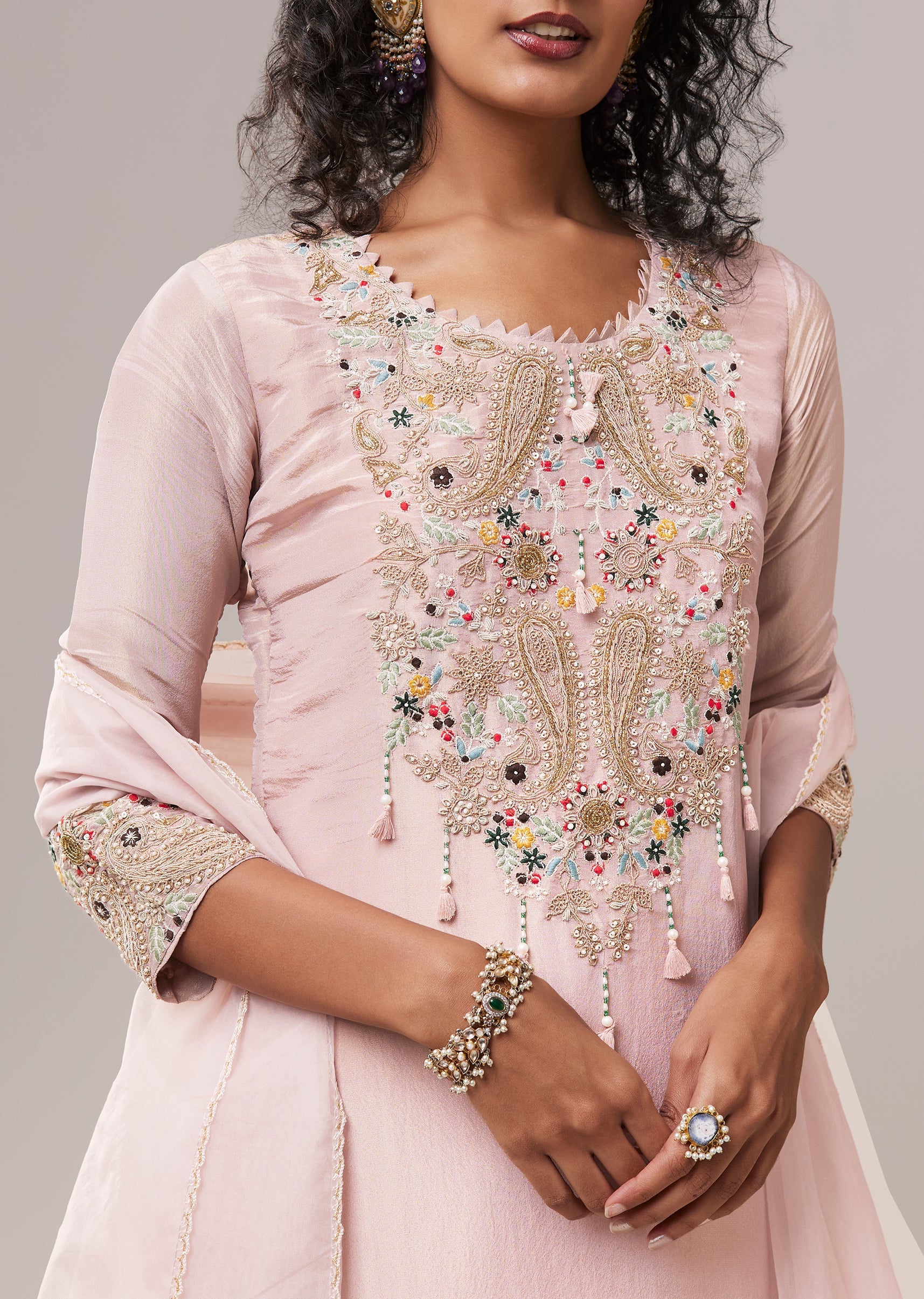 Pink Bead Work Tissue Kurta Set - Image 2