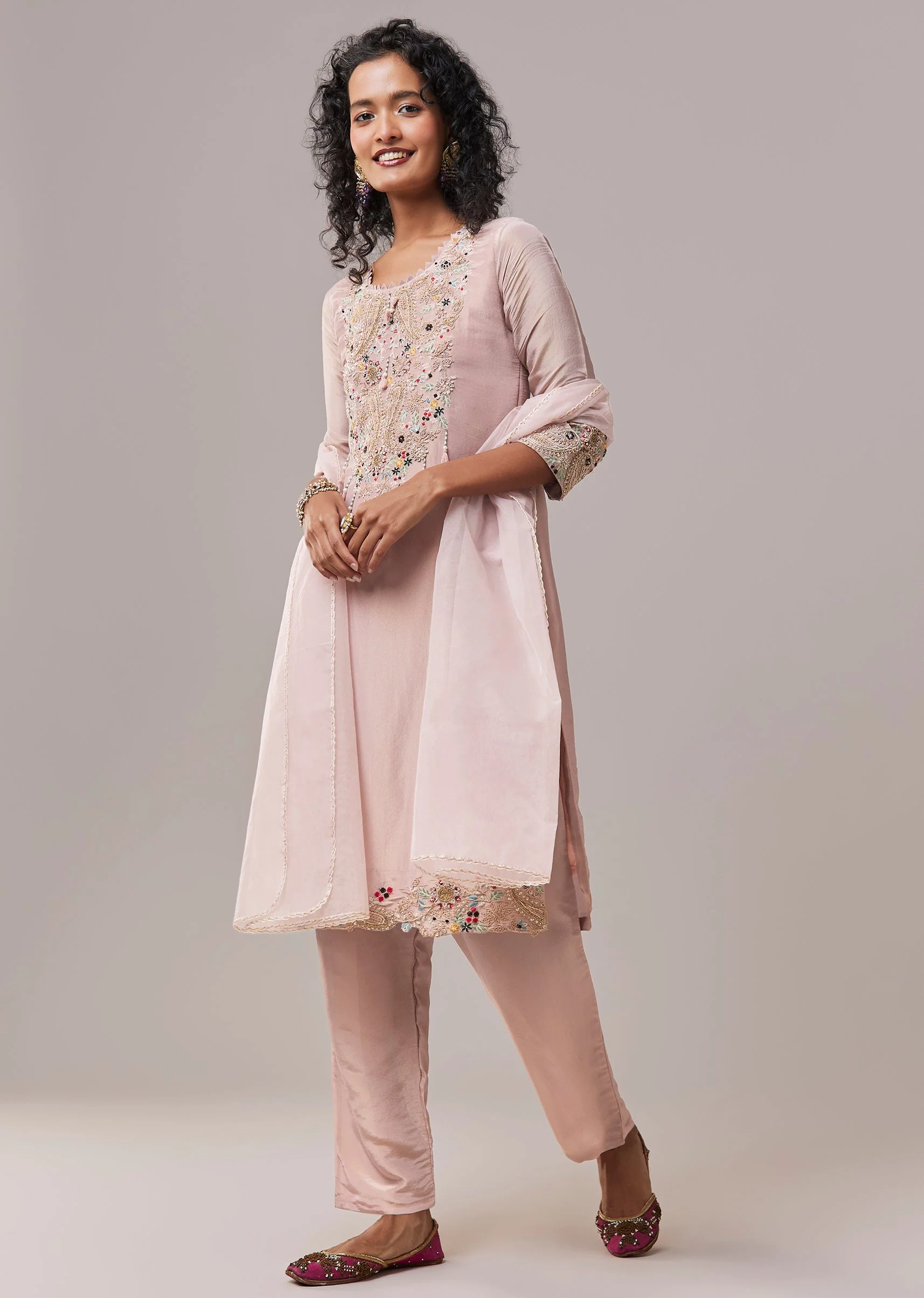 Pink Bead Work Tissue Kurta Set - Image 3