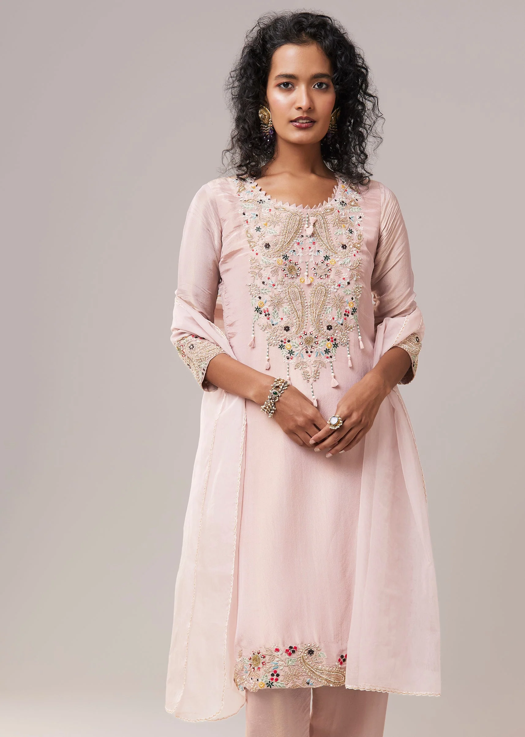 Pink Bead Work Tissue Kurta Set - Image 4