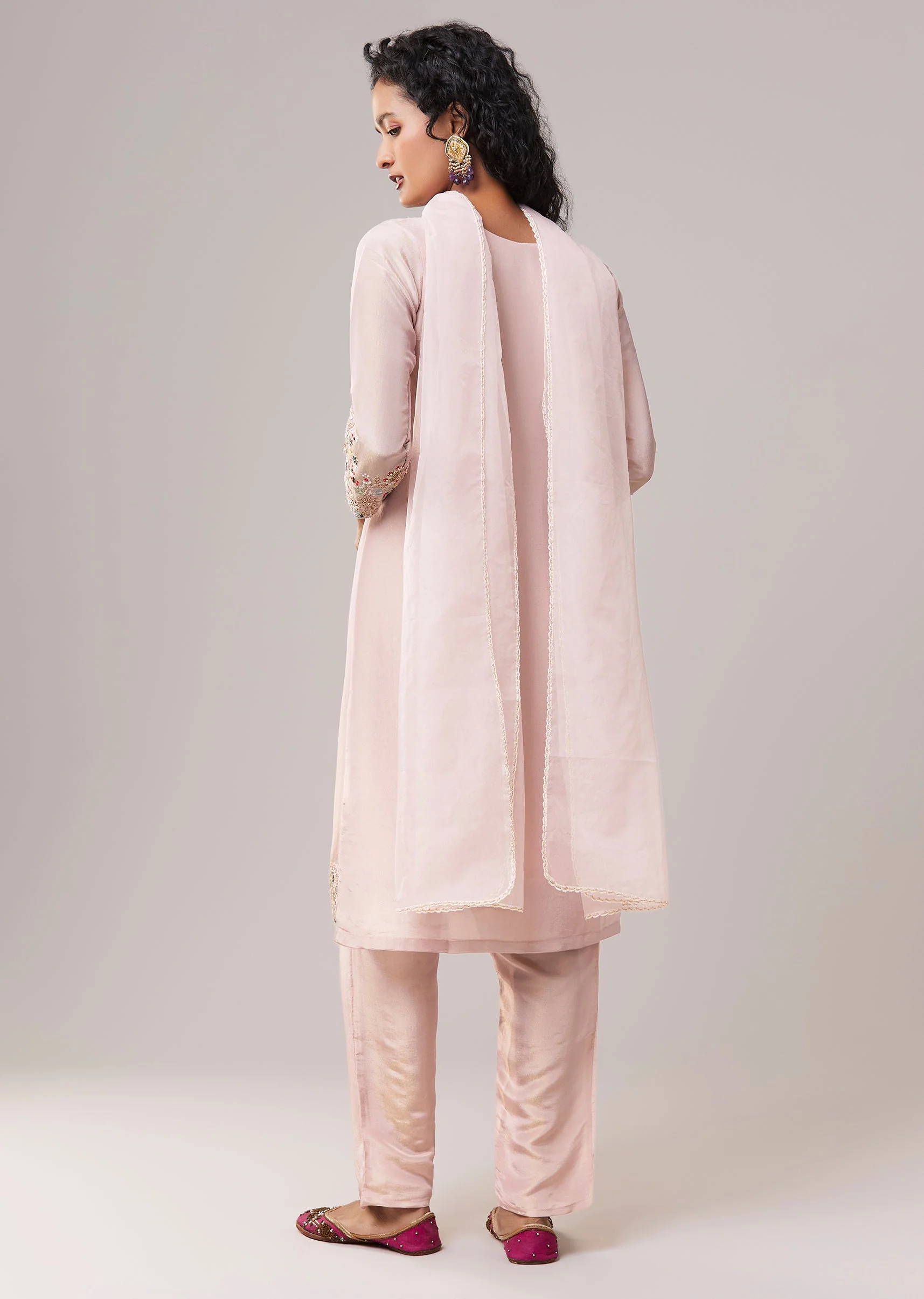 Pink Bead Work Tissue Kurta Set - Image 5