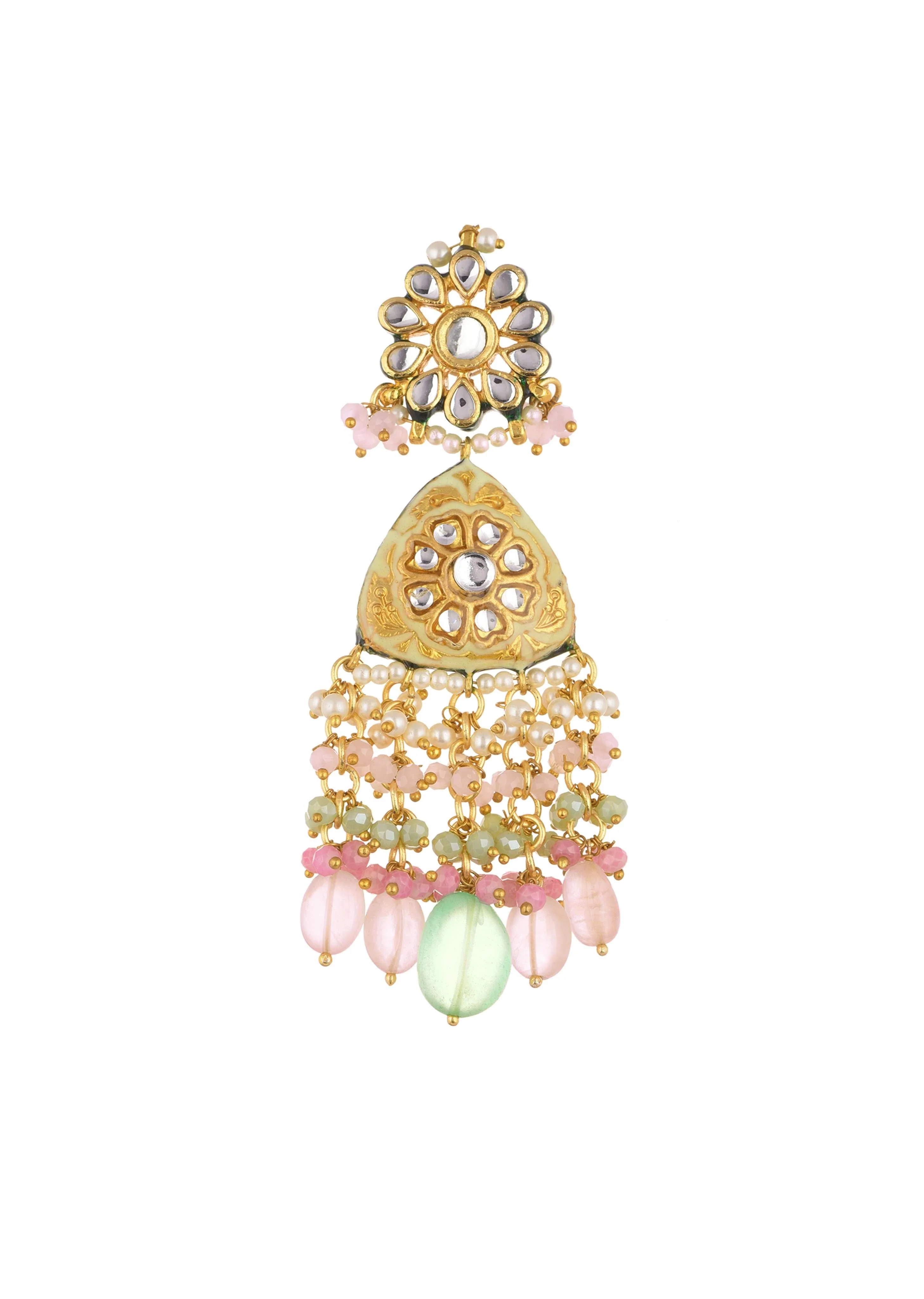 Pink Beaded Kundan Danglers In Gold Finish - Image 2