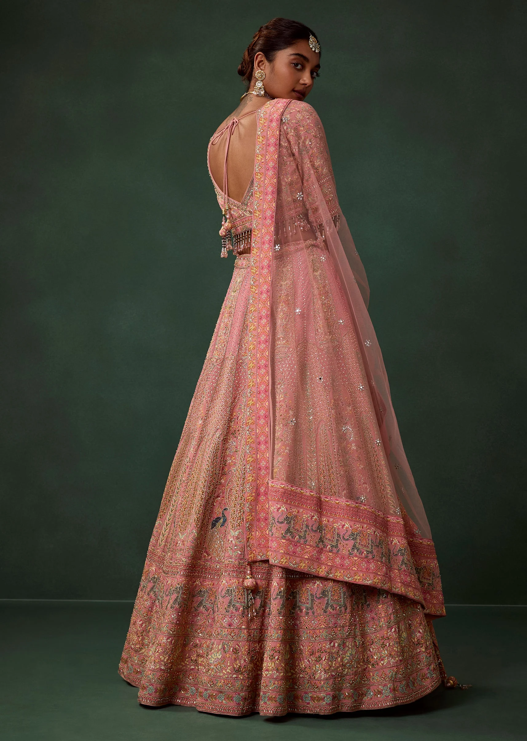 Pink Bird Motif Printed Kali Bridal Georgette Lehenga Set with Heavy Embroidery - Image 2