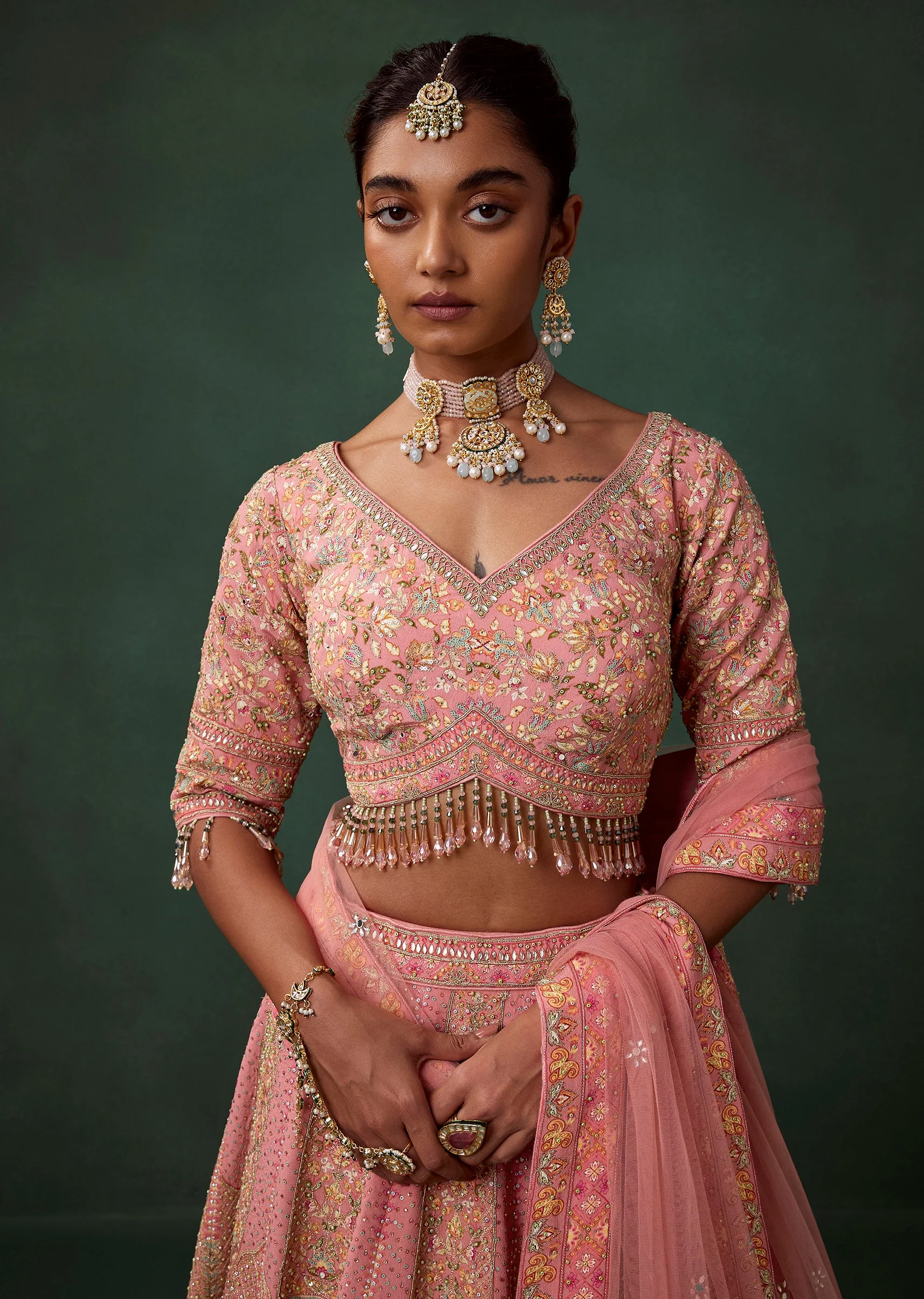 Pink Bird Motif Printed Kali Bridal Georgette Lehenga Set with Heavy Embroidery - Image 3