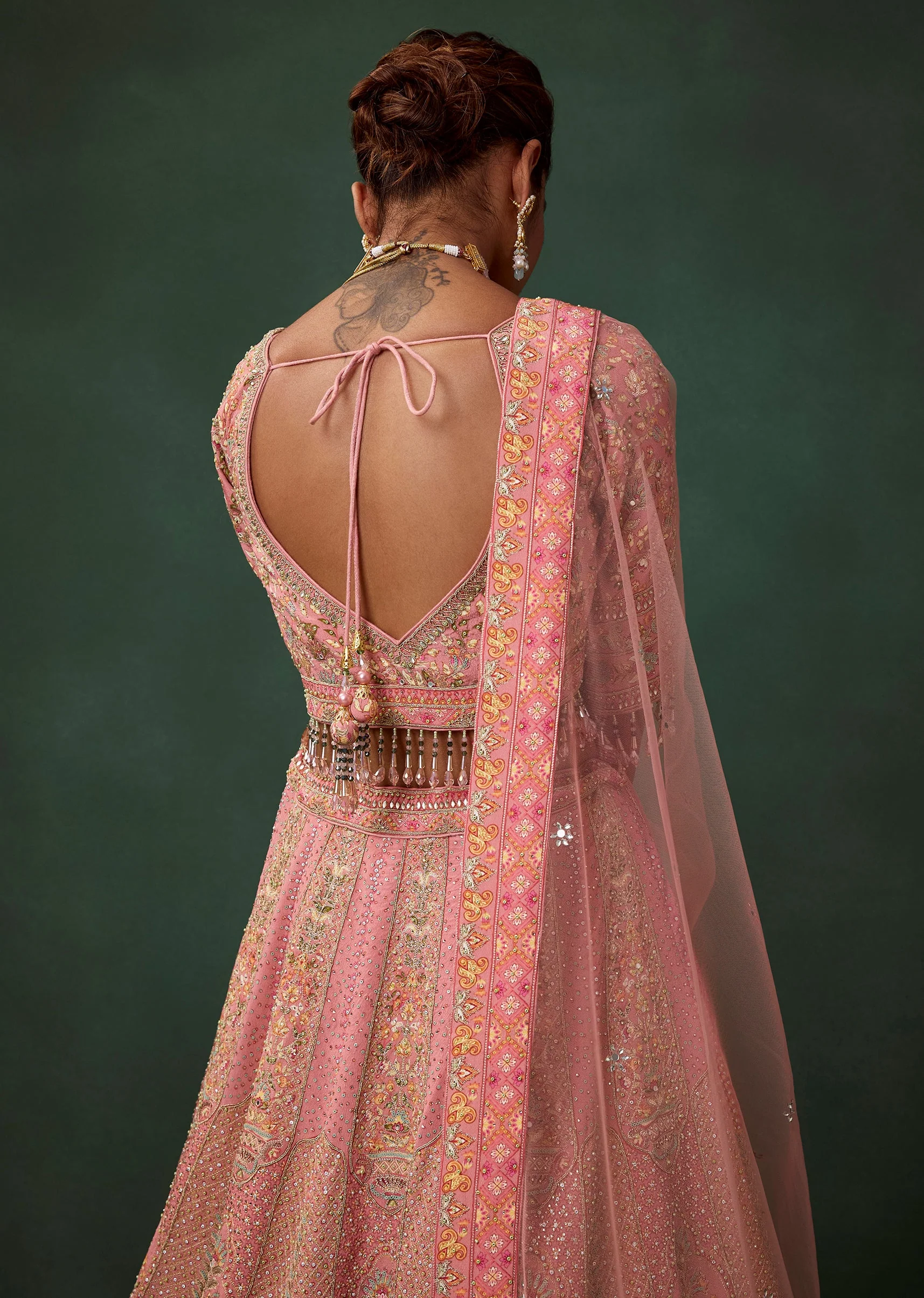 Pink Bird Motif Printed Kali Bridal Georgette Lehenga Set with Heavy Embroidery - Image 6