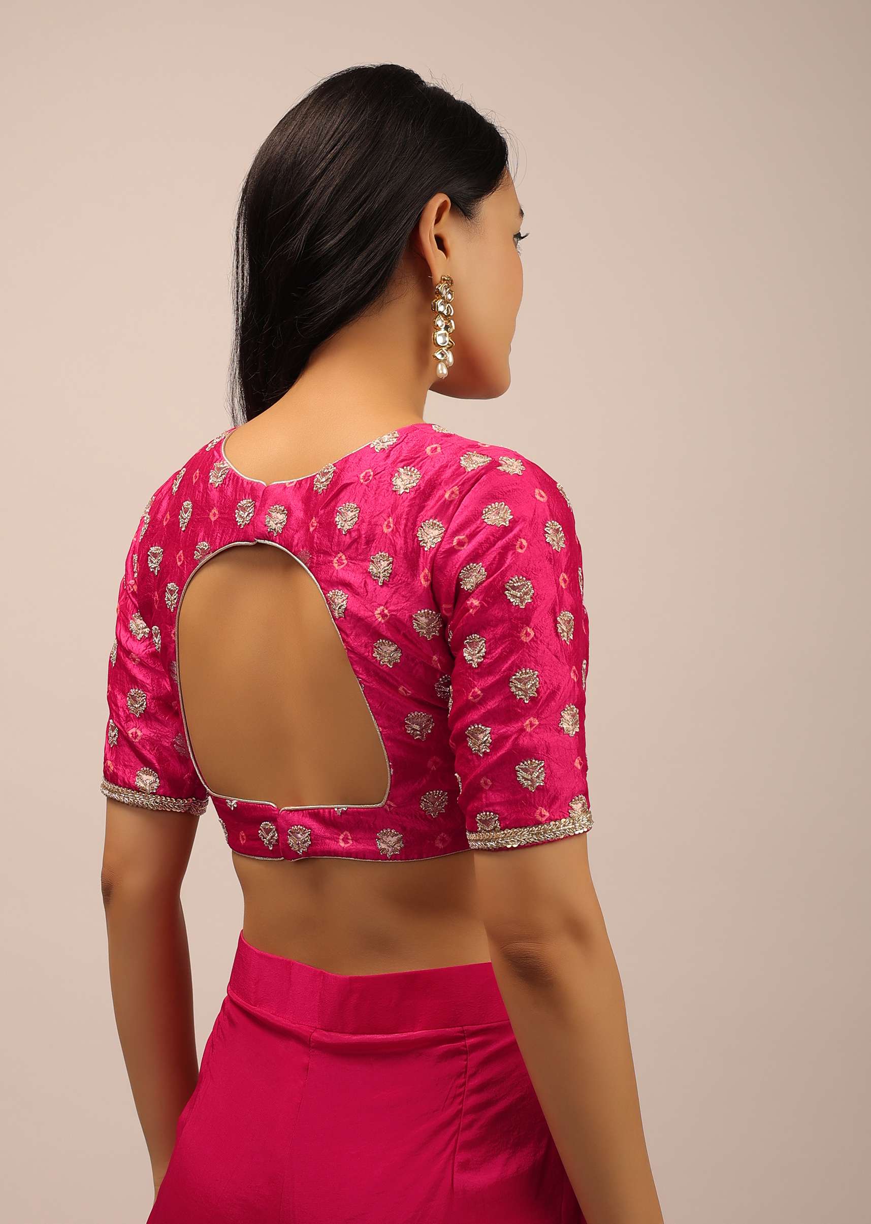 Pink Blouse In Brocade Silk With Bandhani Print And Half Sleeves - Image 3