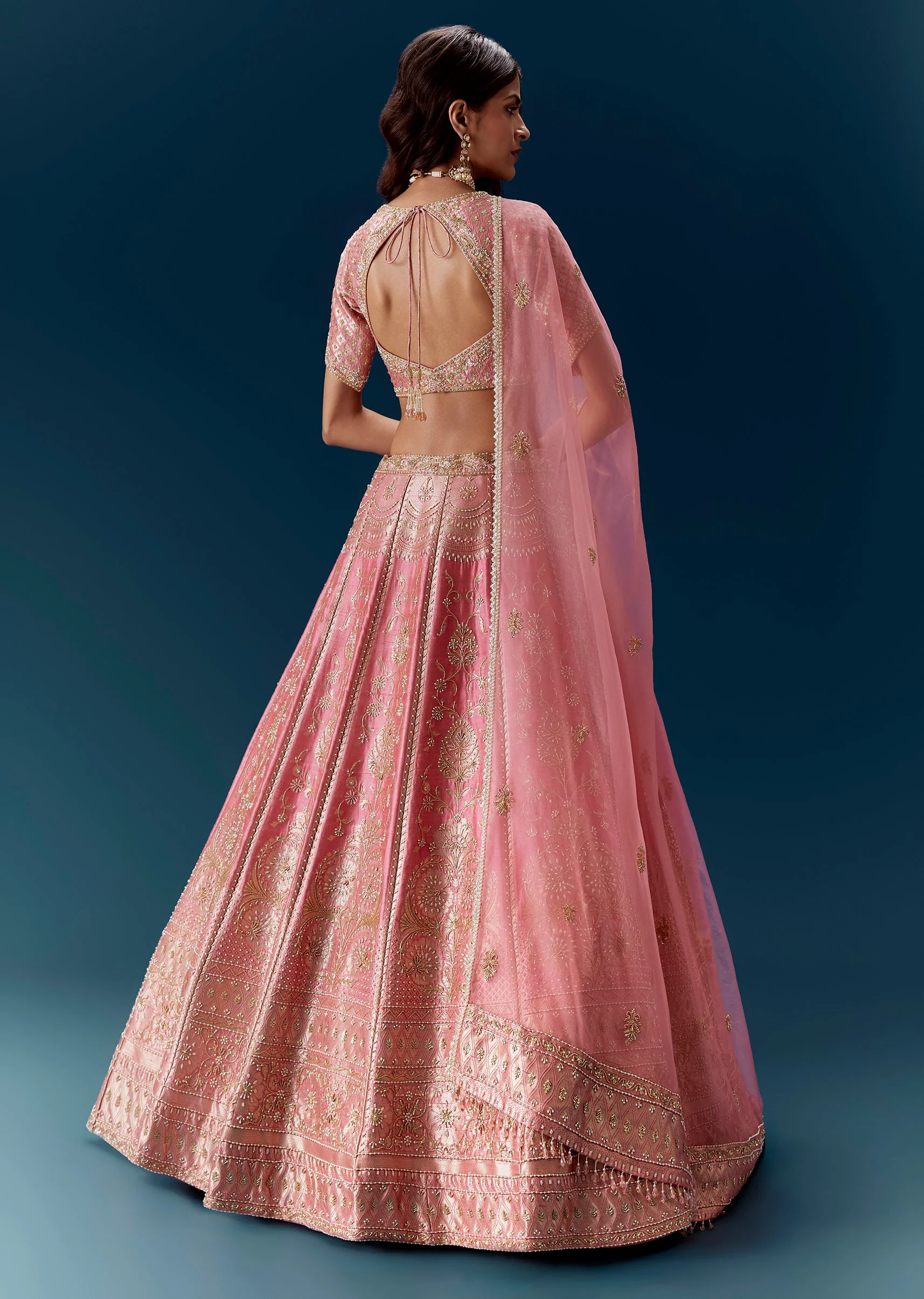 Pink Bridal Lehenga in Banarasi Silk With Dupatta - Image 2
