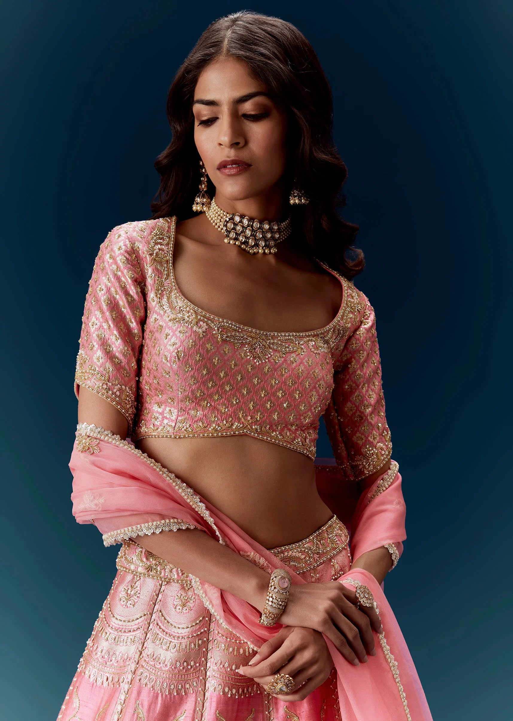Pink Bridal Lehenga in Banarasi Silk With Dupatta - Image 3
