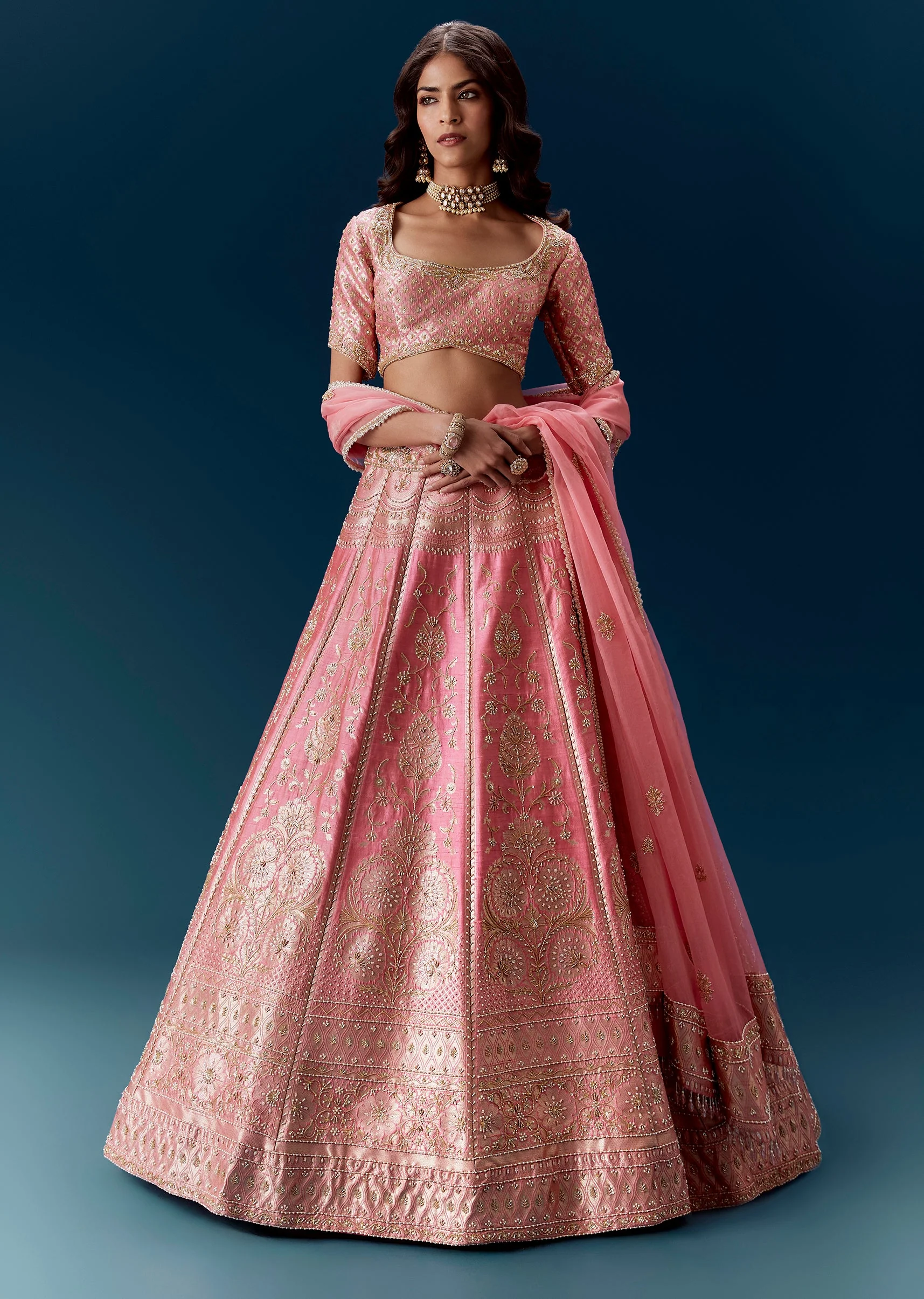 Pink Bridal Lehenga in Banarasi Silk With Dupatta - Image 4