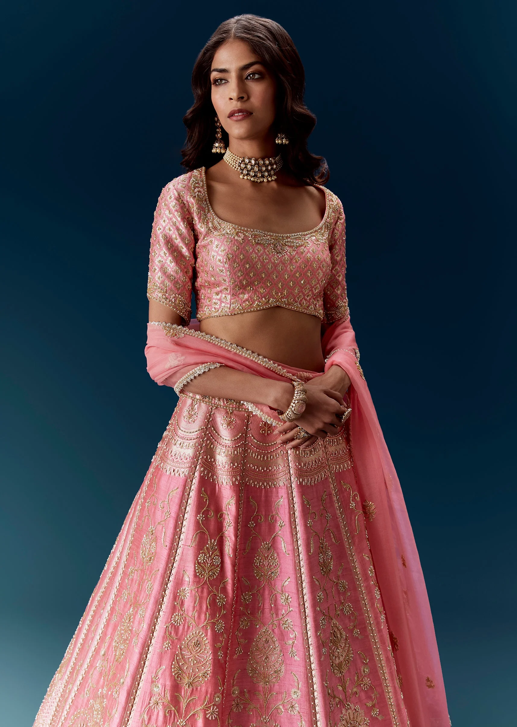 Pink Bridal Lehenga in Banarasi Silk With Dupatta - Image 5