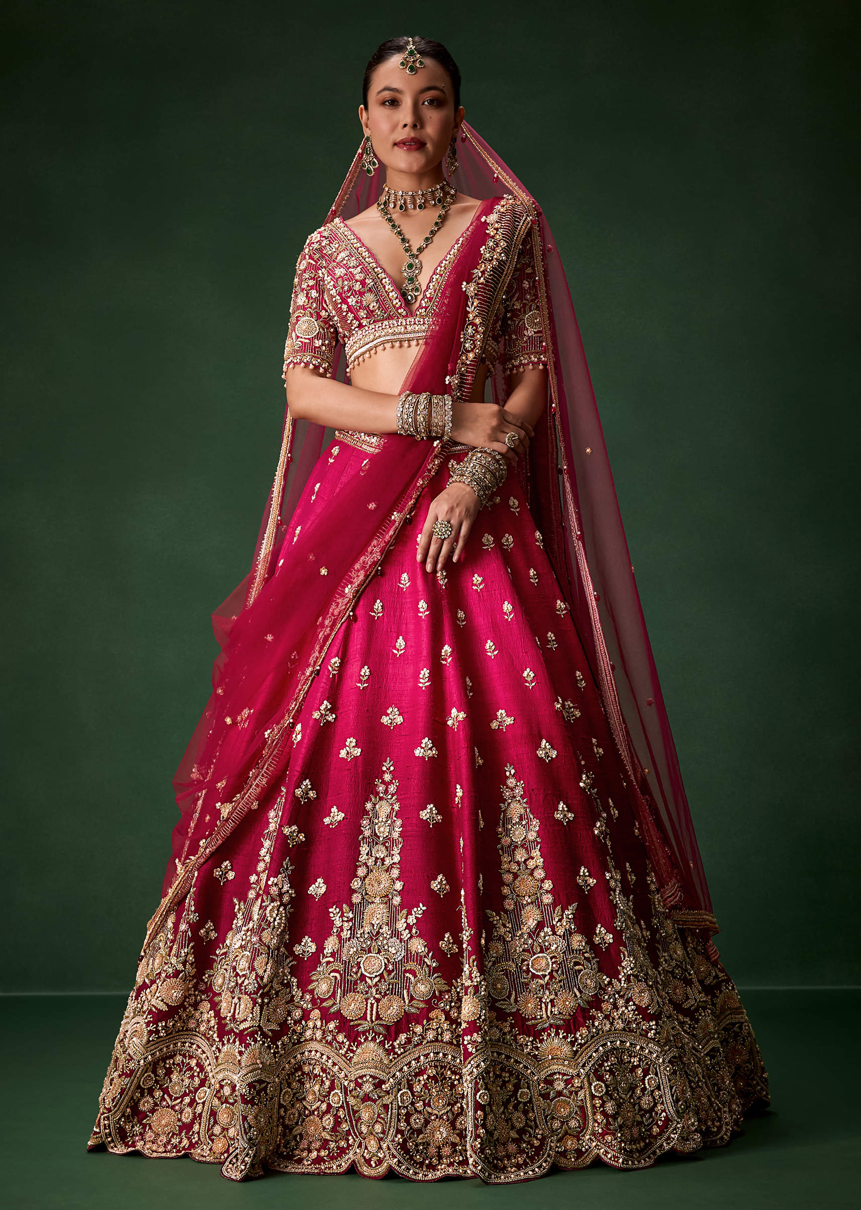 Pink Bridal Silk Lehenga Set with Two Dupattas