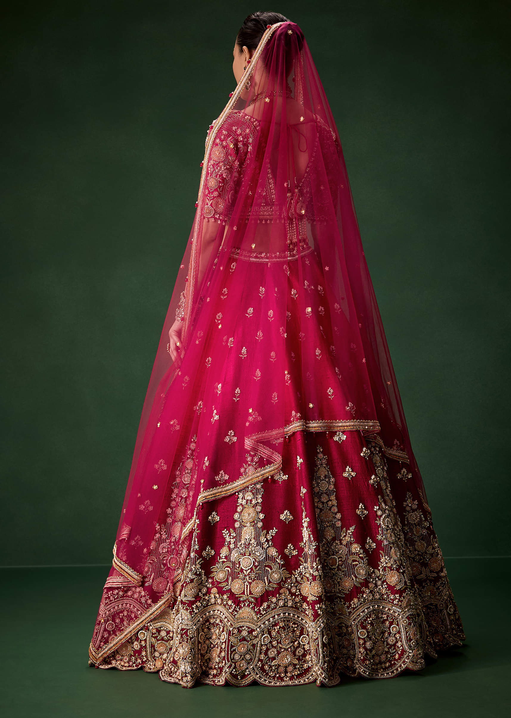 Pink Bridal Silk Lehenga Set with Two Dupattas - Image 2