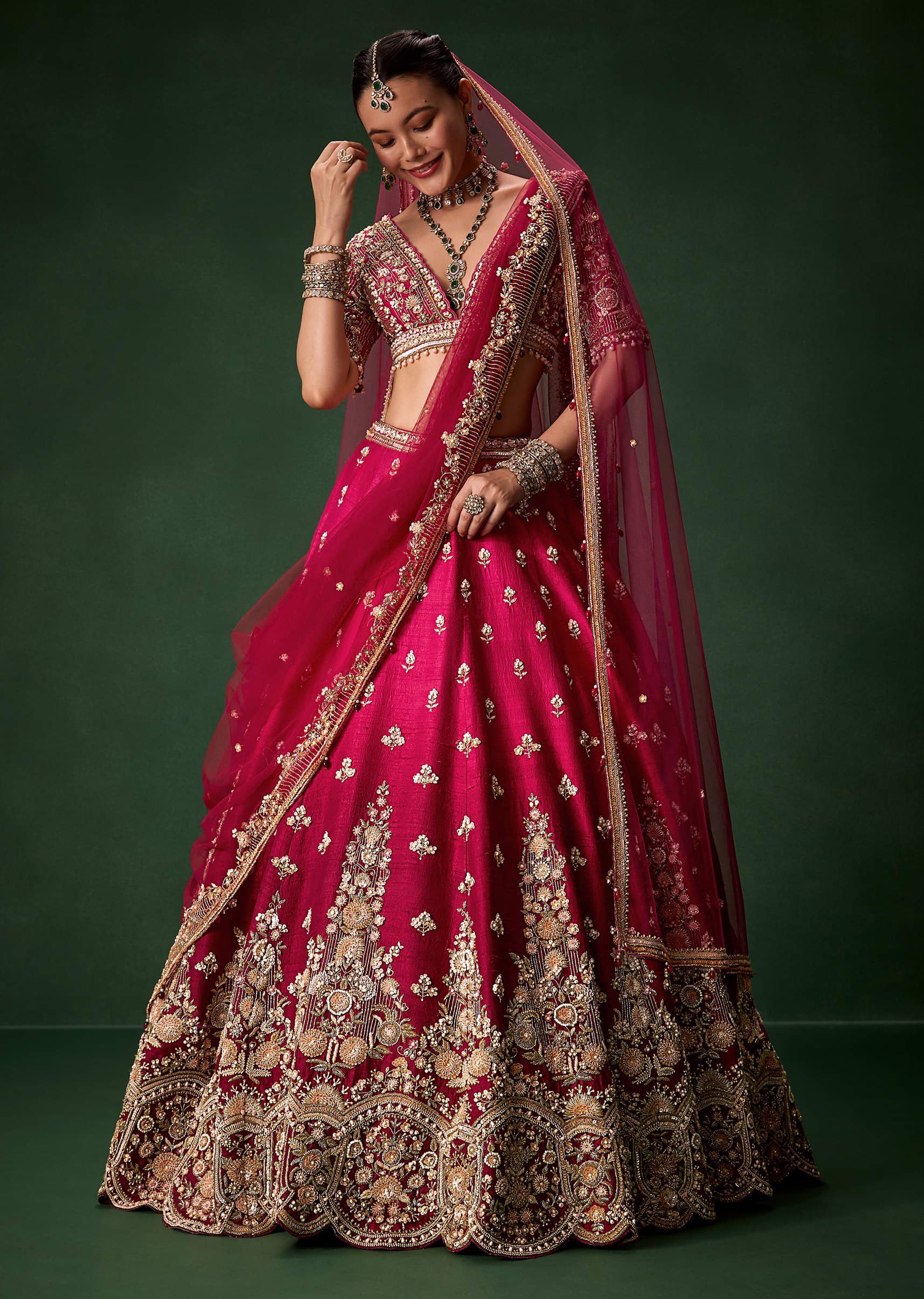 Pink Bridal Silk Lehenga Set with Two Dupattas - Image 4