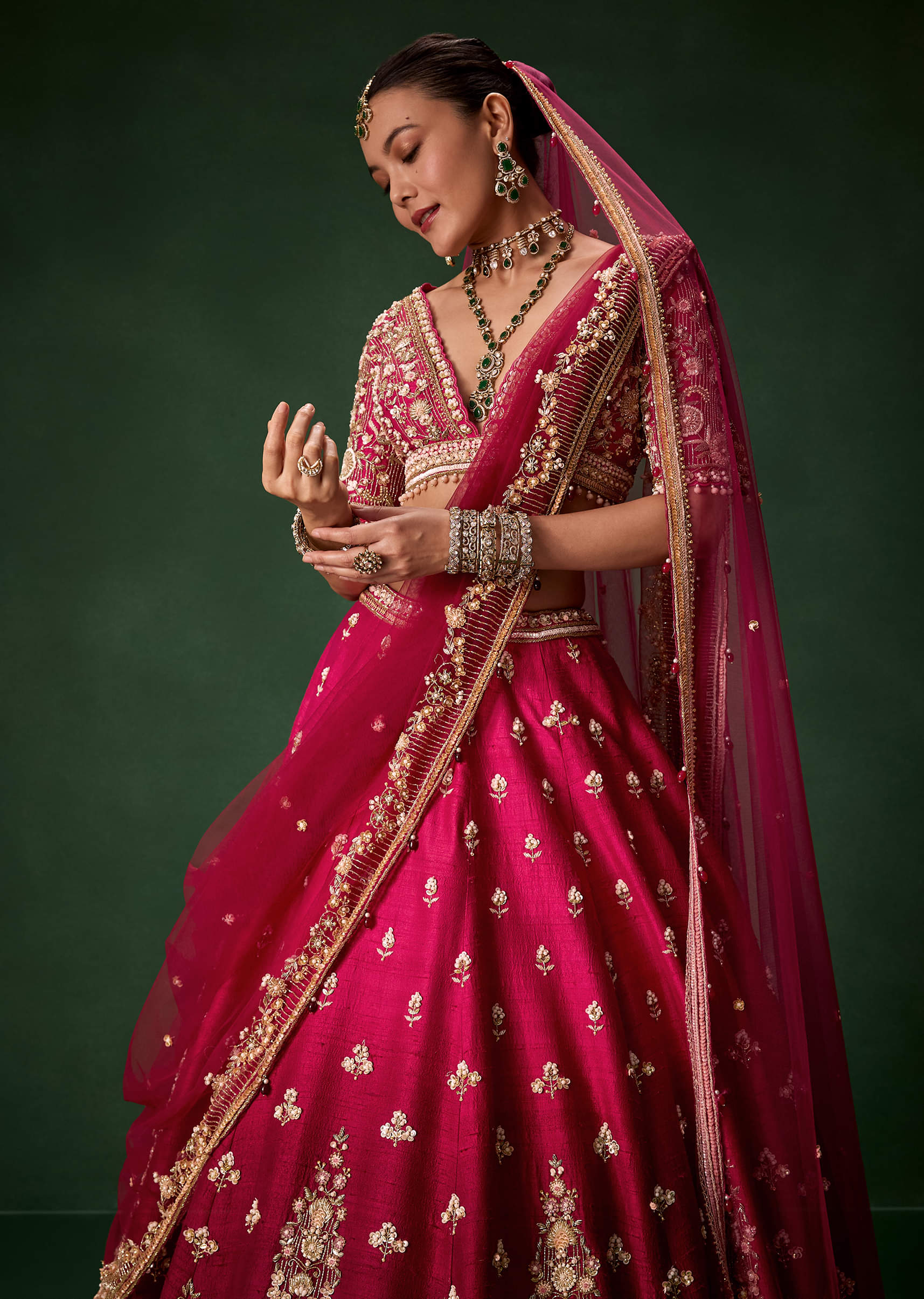 Pink Bridal Silk Lehenga Set with Two Dupattas - Image 5