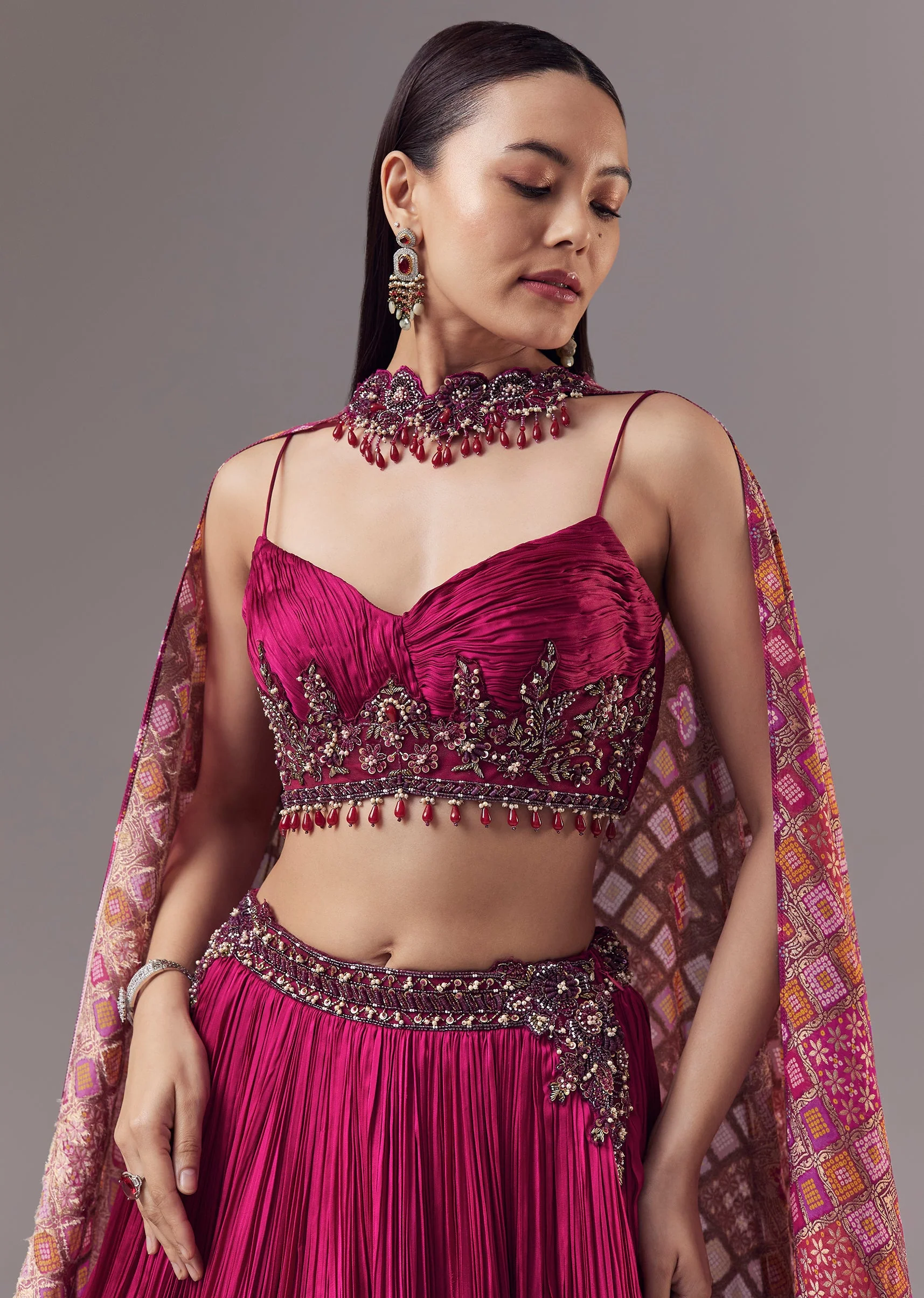 Pink Bridesmaid Lehenga Set with Ruched and Tassel Detail - Image 3
