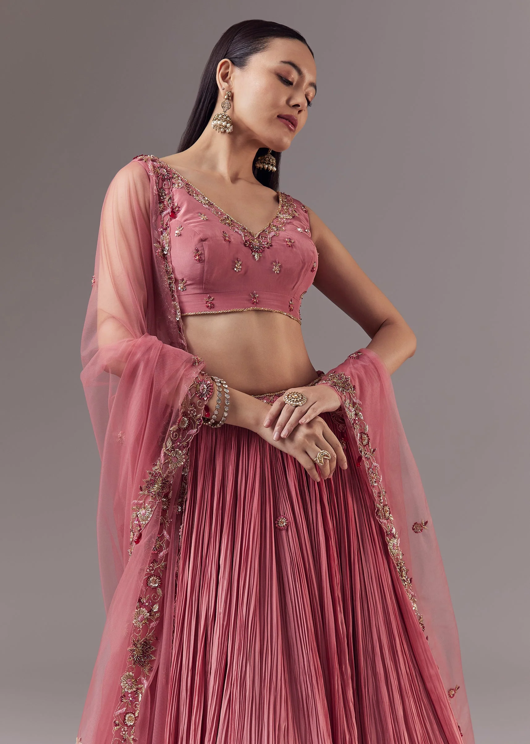 Pink Bridesmaid Lehenga Set with Zardozi Work - Image 5