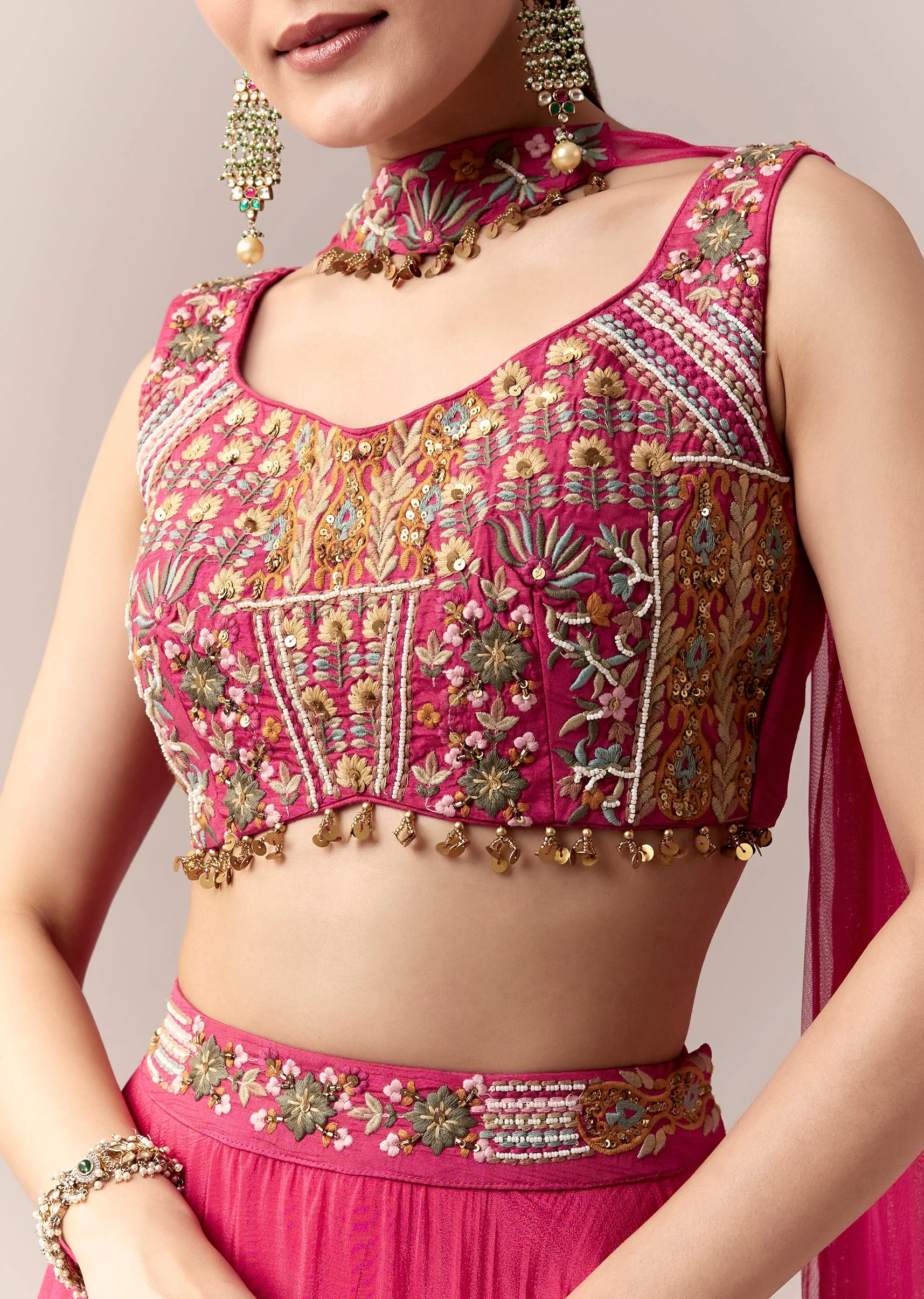 Pink Bridesmaid Lehenga With Thread Work Moti Work And Dupatta - Image 2