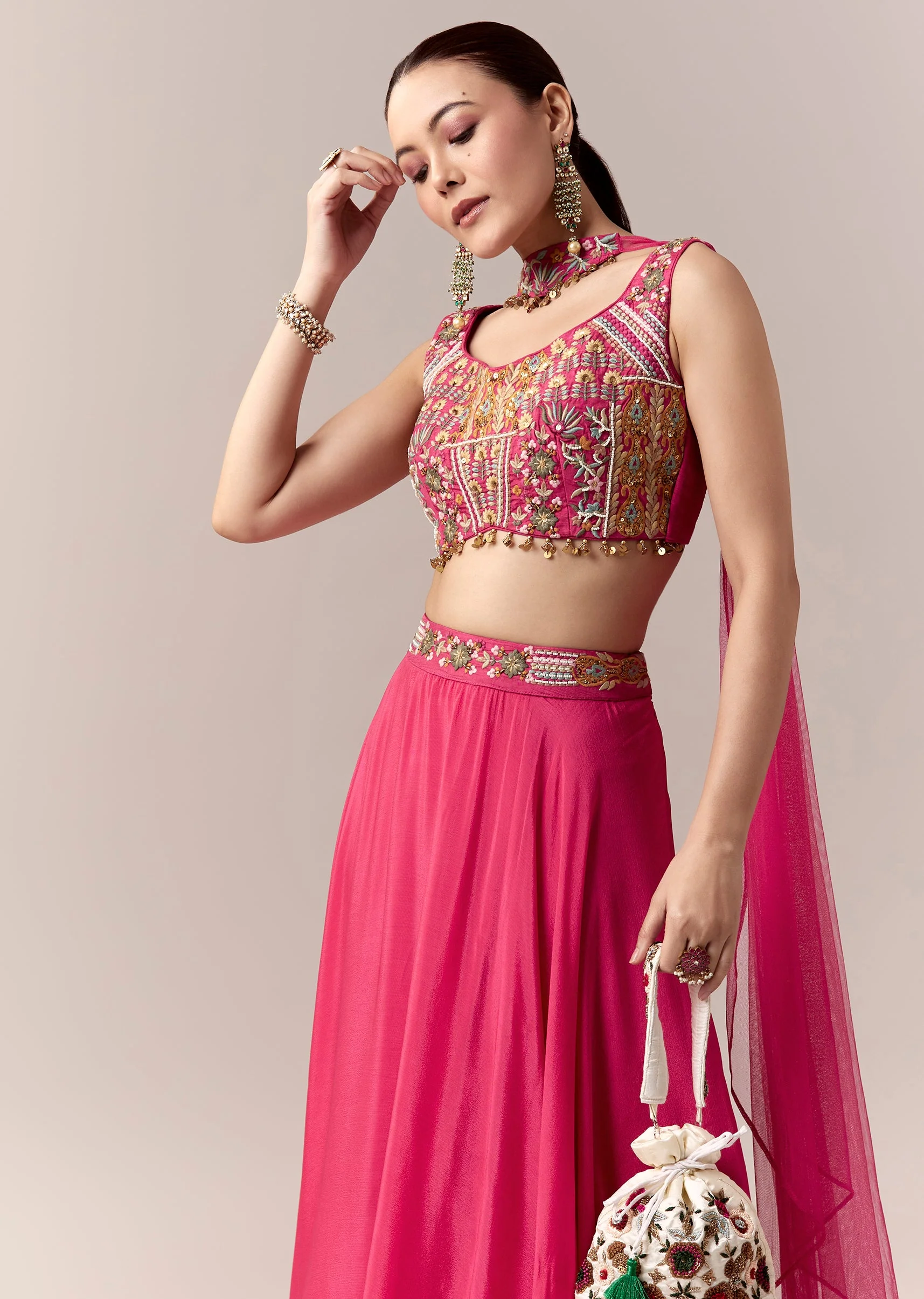 Pink Bridesmaid Lehenga With Thread Work Moti Work And Dupatta - Image 4
