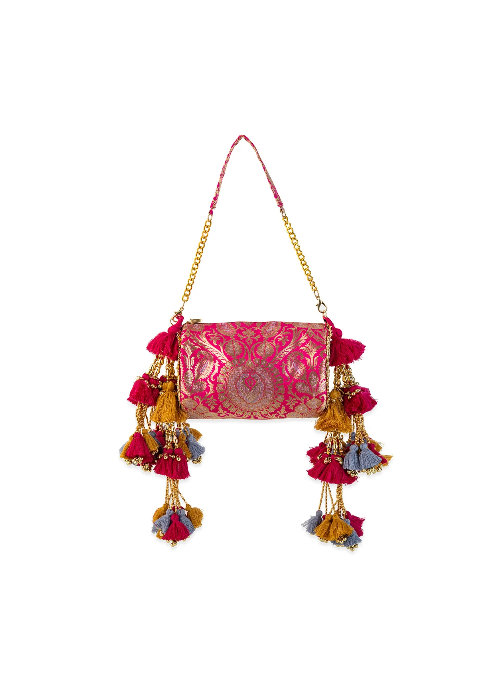 Pink Brocade Kundan Bag with Tassel - Image 2